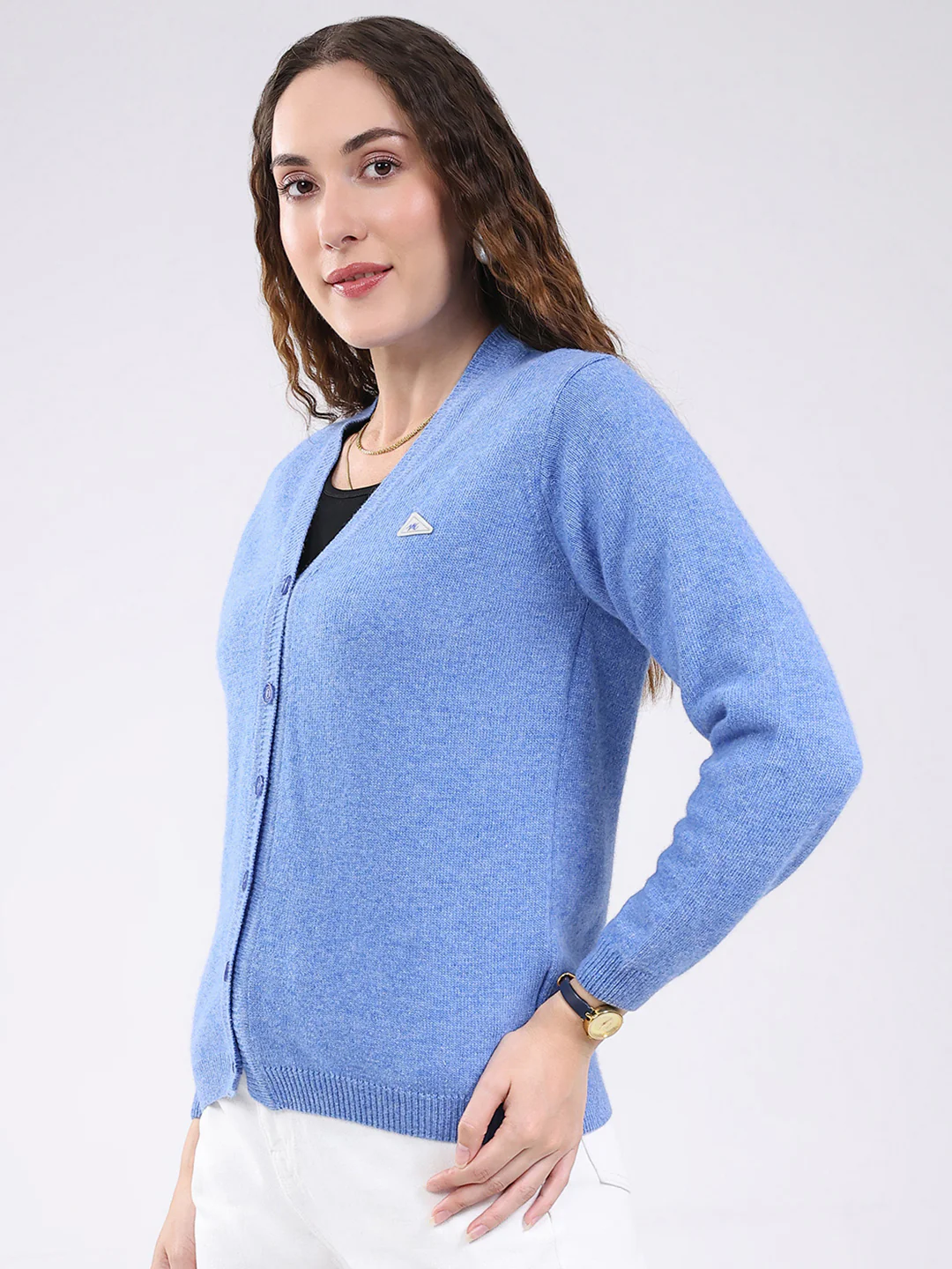 Women Light Blue Solid V Neck Full Sleeve Cardigan - Image 3