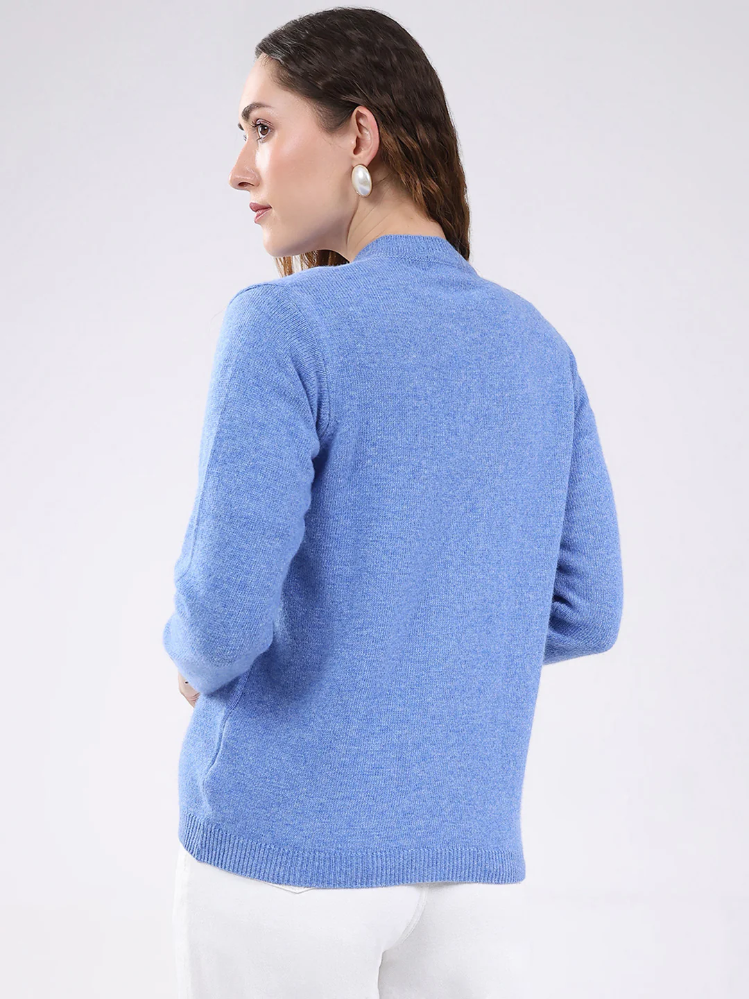 Women Light Blue Solid V Neck Full Sleeve Cardigan - Image 5