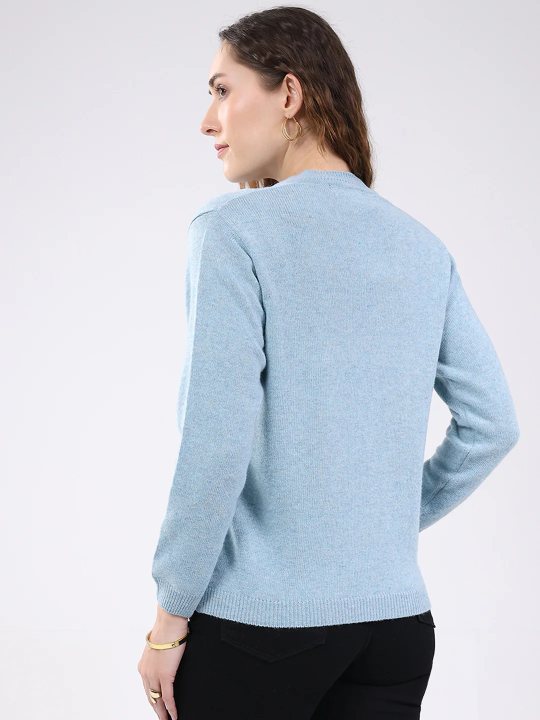 Women Light Blue Solid V Neck Full Sleeve Cardigan - Image 5