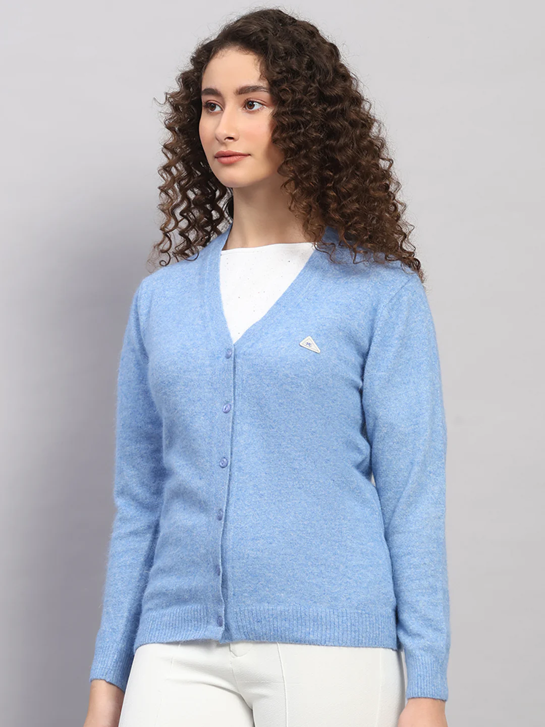 Women Light Blue Solid V Neck Full Sleeve Cardigan - Image 3
