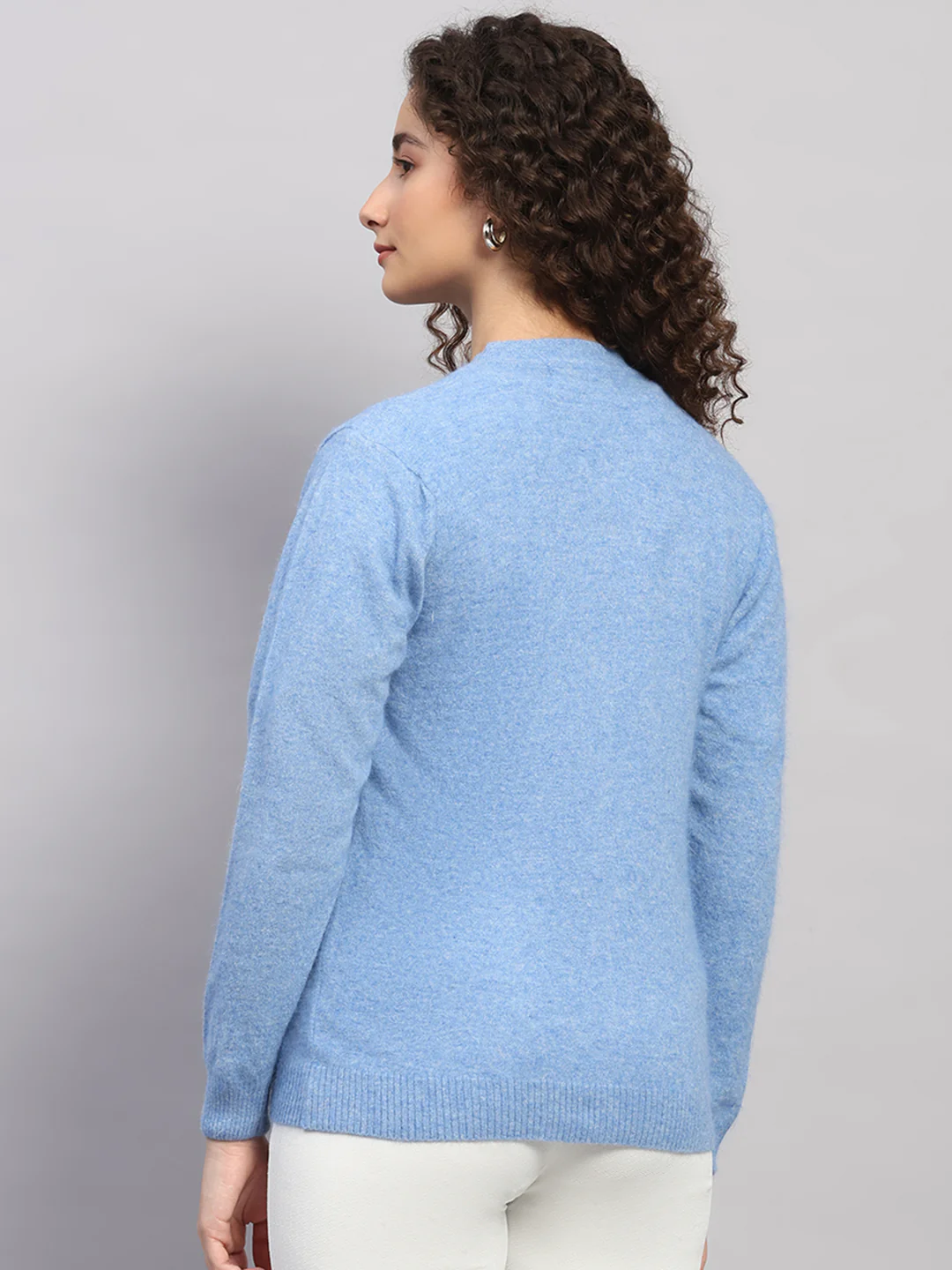 Women Light Blue Solid V Neck Full Sleeve Cardigan - Image 5