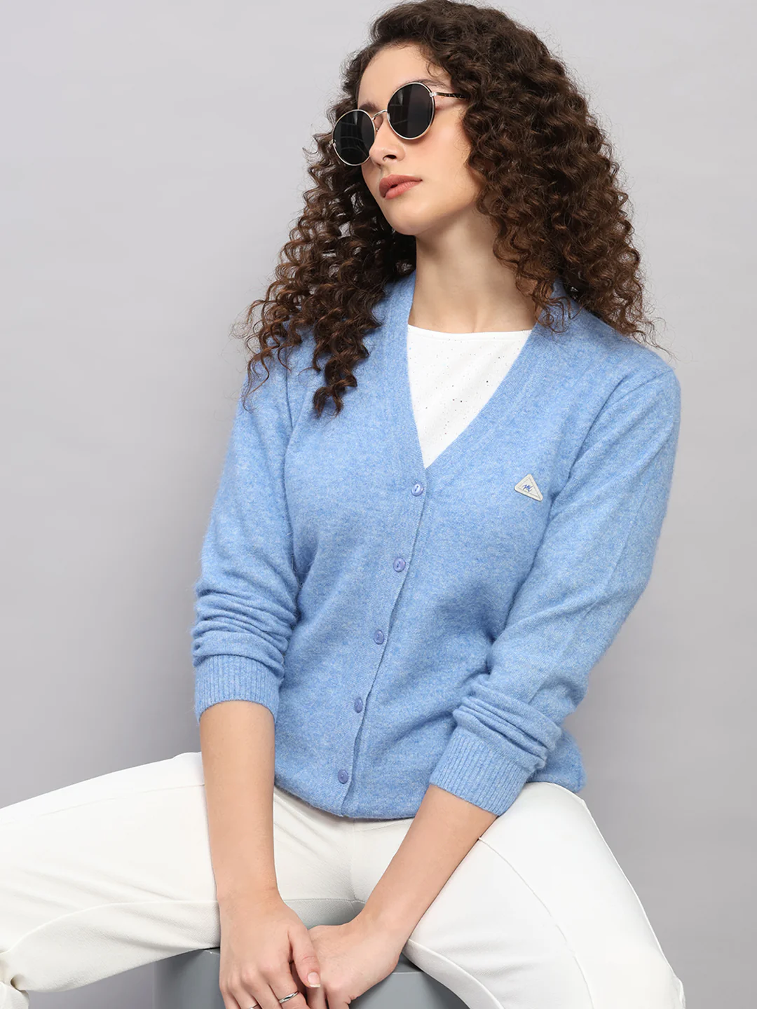 Women Light Blue Solid V Neck Full Sleeve Cardigan - Image 6