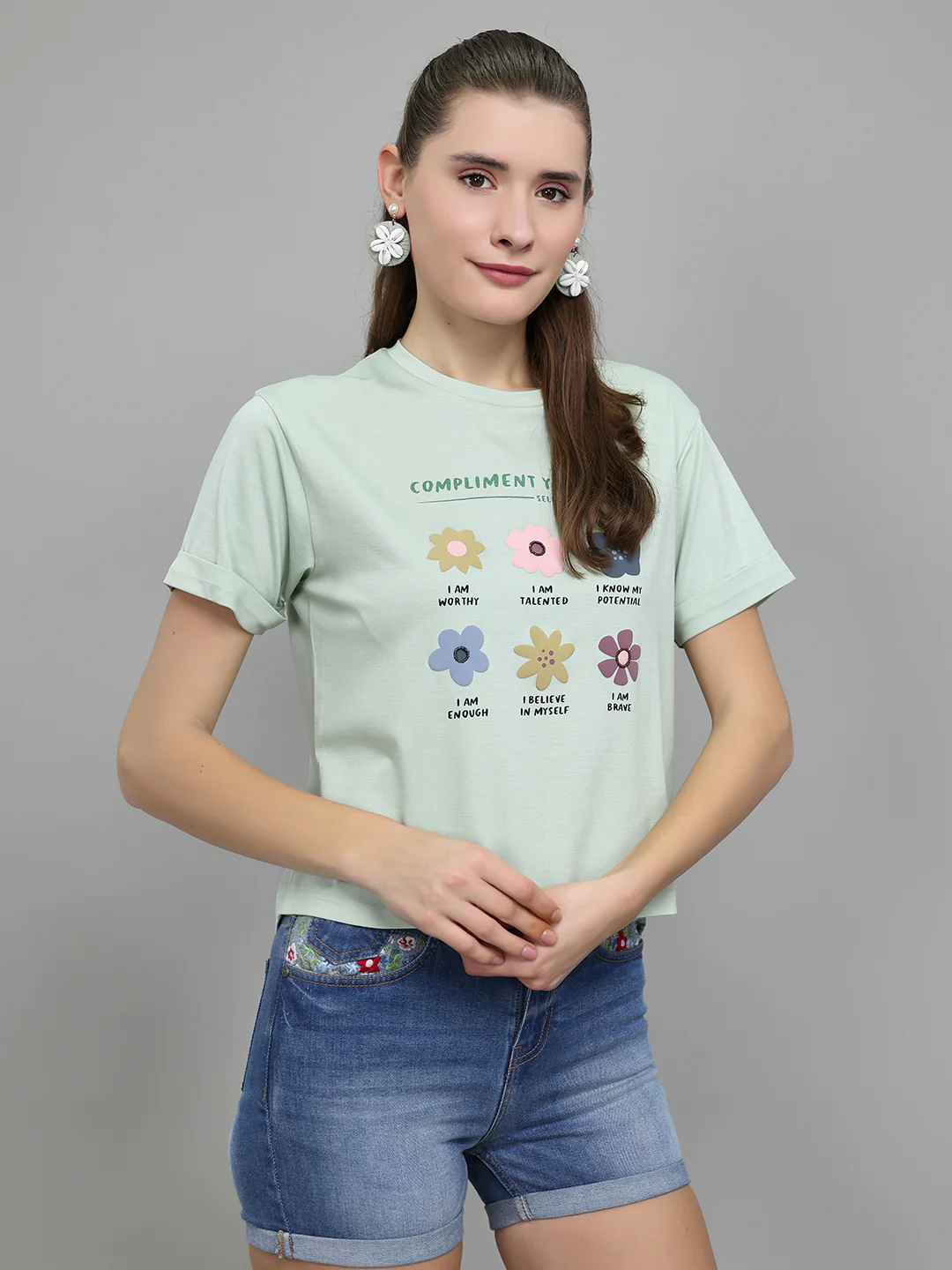 Women Light Green Printed Round Neck Half Sleeve Top - Image 3