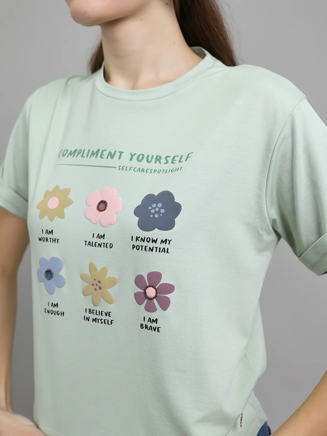 Women Light Green Printed Round Neck Half Sleeve Top - Image 5
