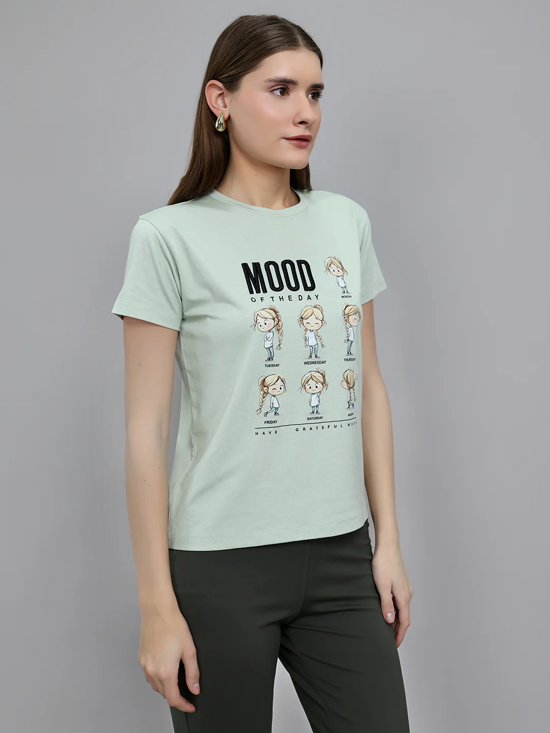 Women Light Green Printed Round Neck Half Sleeve Top - Image 3