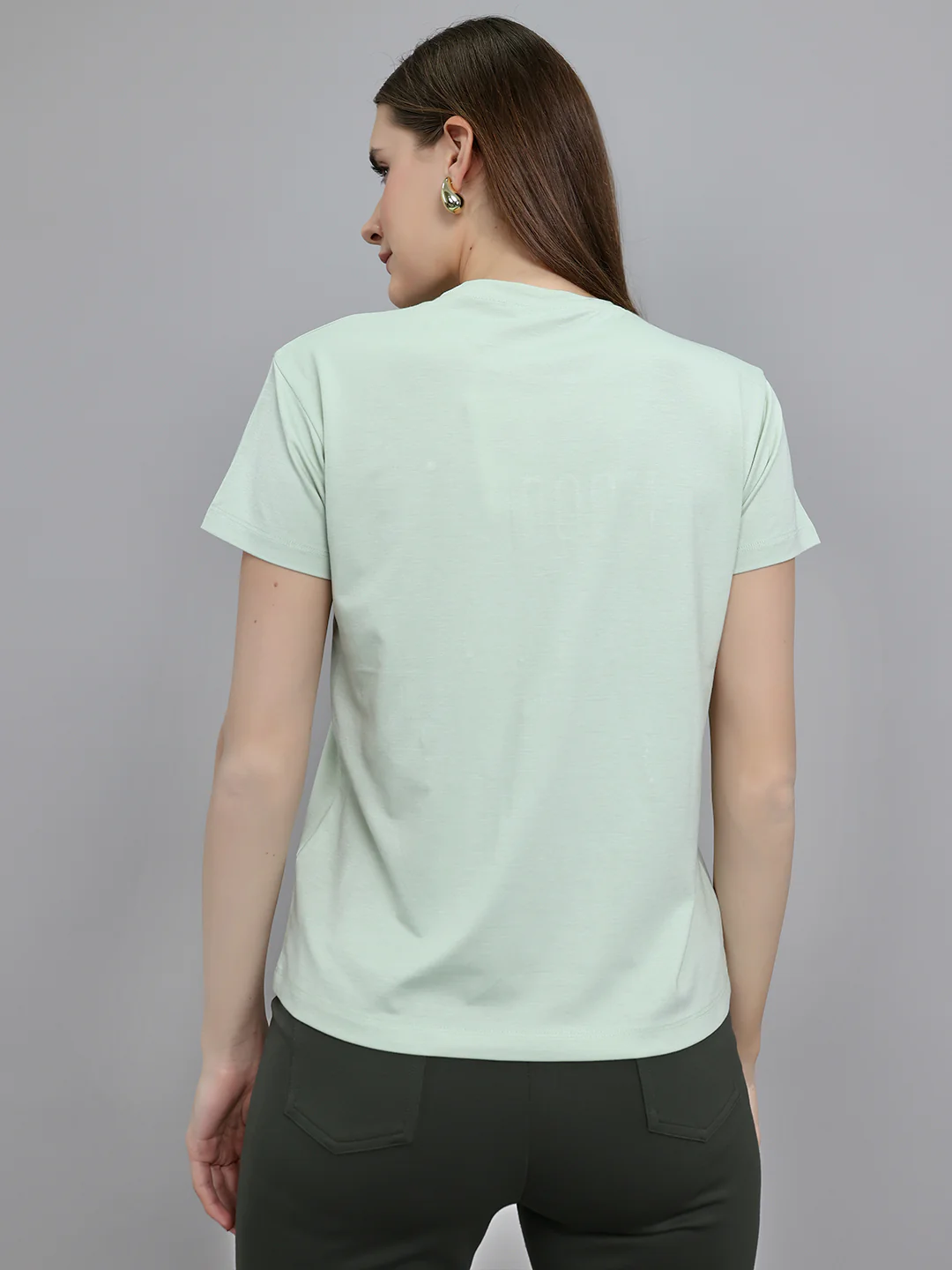Women Light Green Printed Round Neck Half Sleeve Top - Image 4