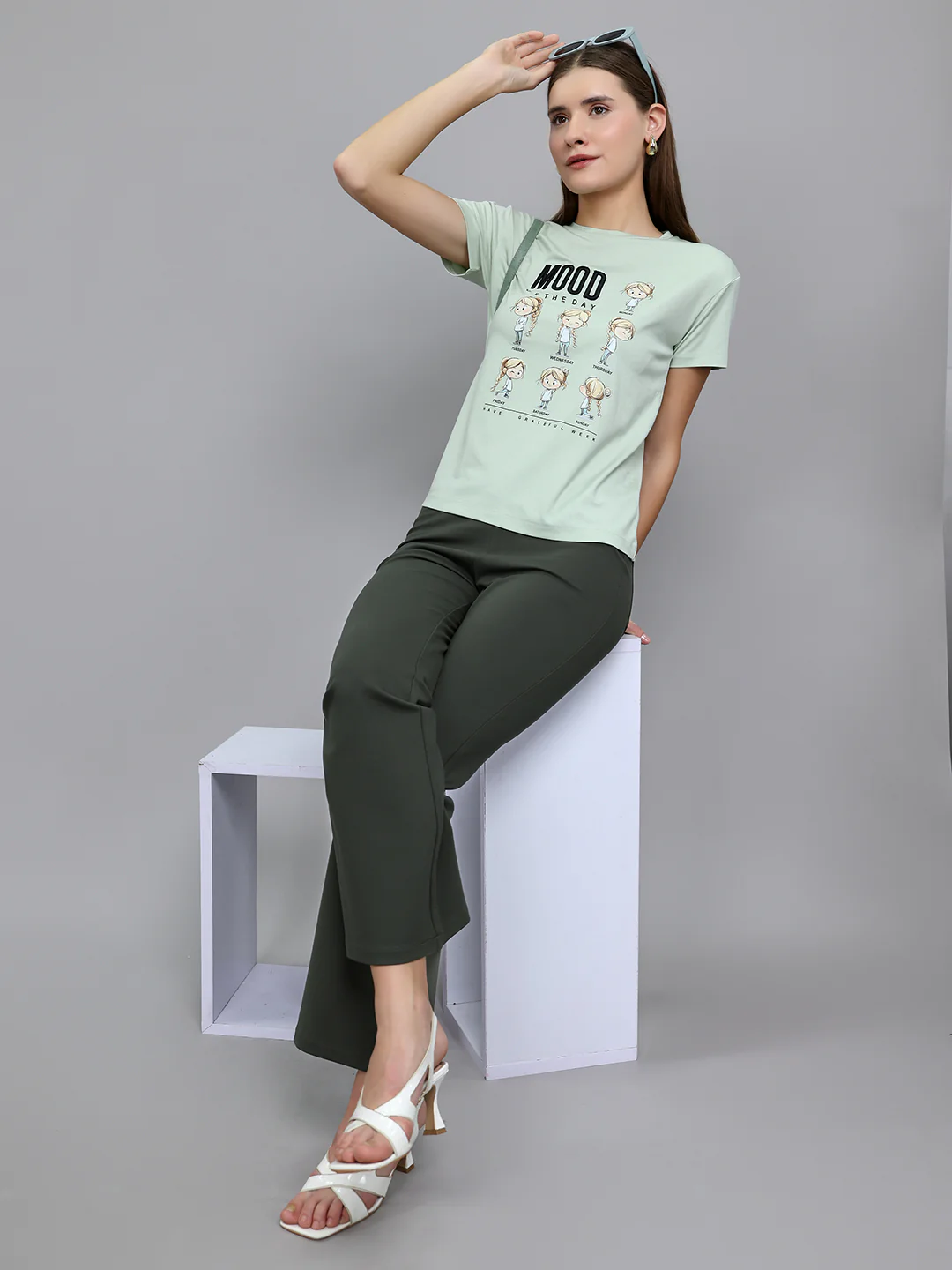 Women Light Green Printed Round Neck Half Sleeve Top - Image 6