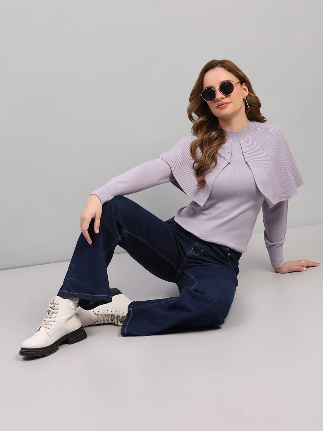 Women Light Grey Self Design Round Neck Full Sleeve Winter Top - Image 2