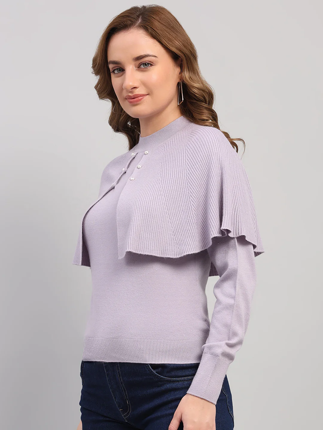 Women Light Grey Self Design Round Neck Full Sleeve Winter Top - Image 3