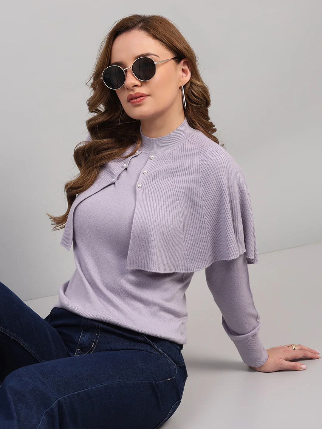 Women Light Grey Self Design Round Neck Full Sleeve Winter Top - Image 6