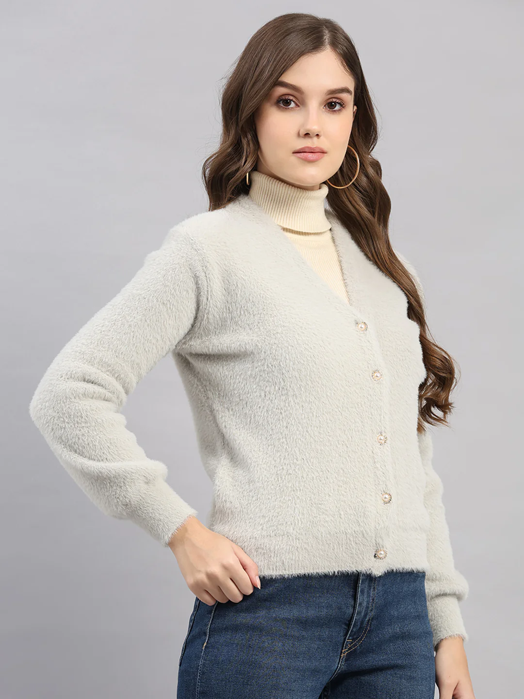 Women Light Grey Self Design V Neck Full Sleeve Cardigan - Image 4
