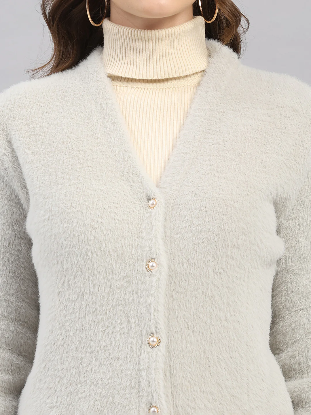 Women Light Grey Self Design V Neck Full Sleeve Cardigan - Image 6