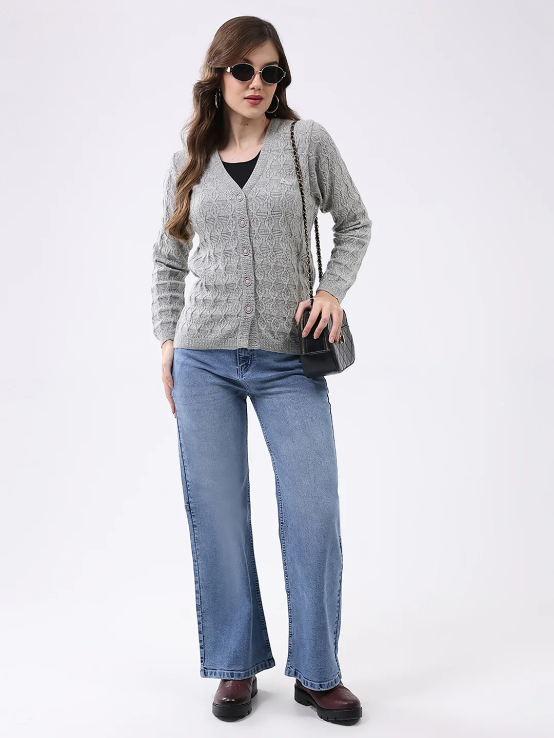 Women Light Grey Self Design V Neck Full Sleeve Cardigan - Image 2