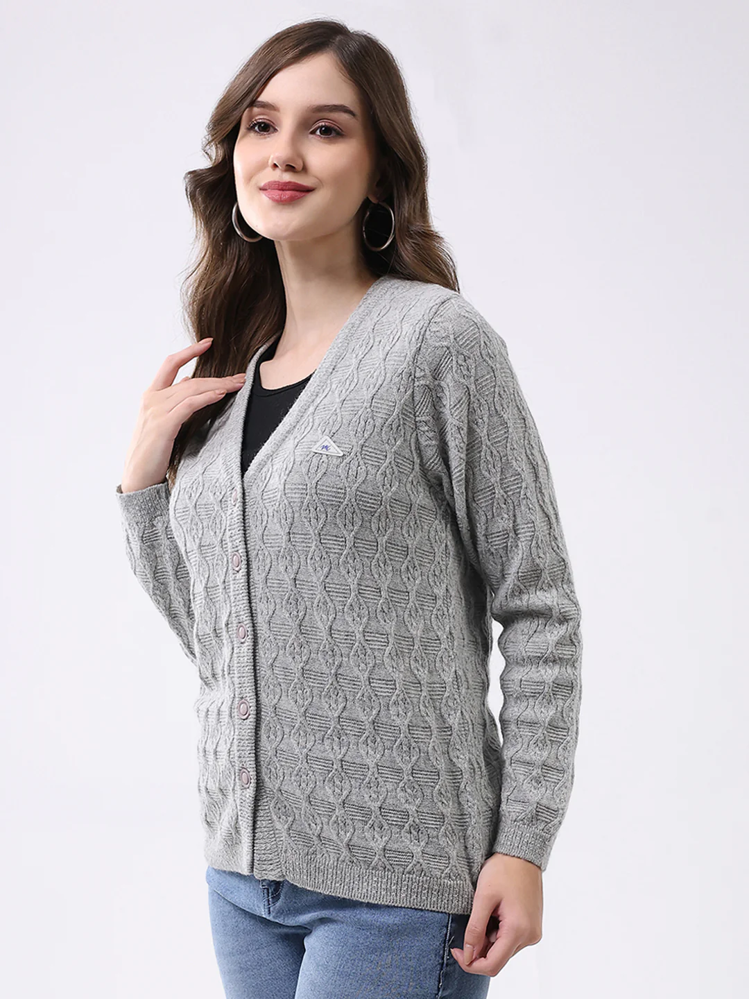 Women Light Grey Self Design V Neck Full Sleeve Cardigan - Image 3