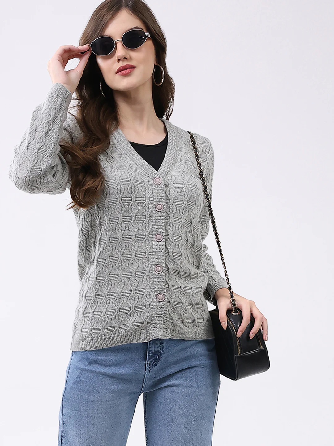 Women Light Grey Self Design V Neck Full Sleeve Cardigan - Image 6