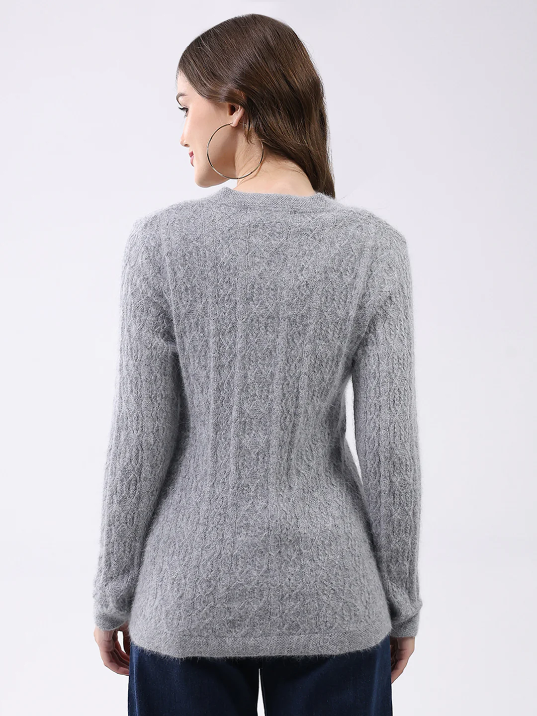 Women Light Grey Self Design V Neck Full Sleeve Cardigan - Image 5