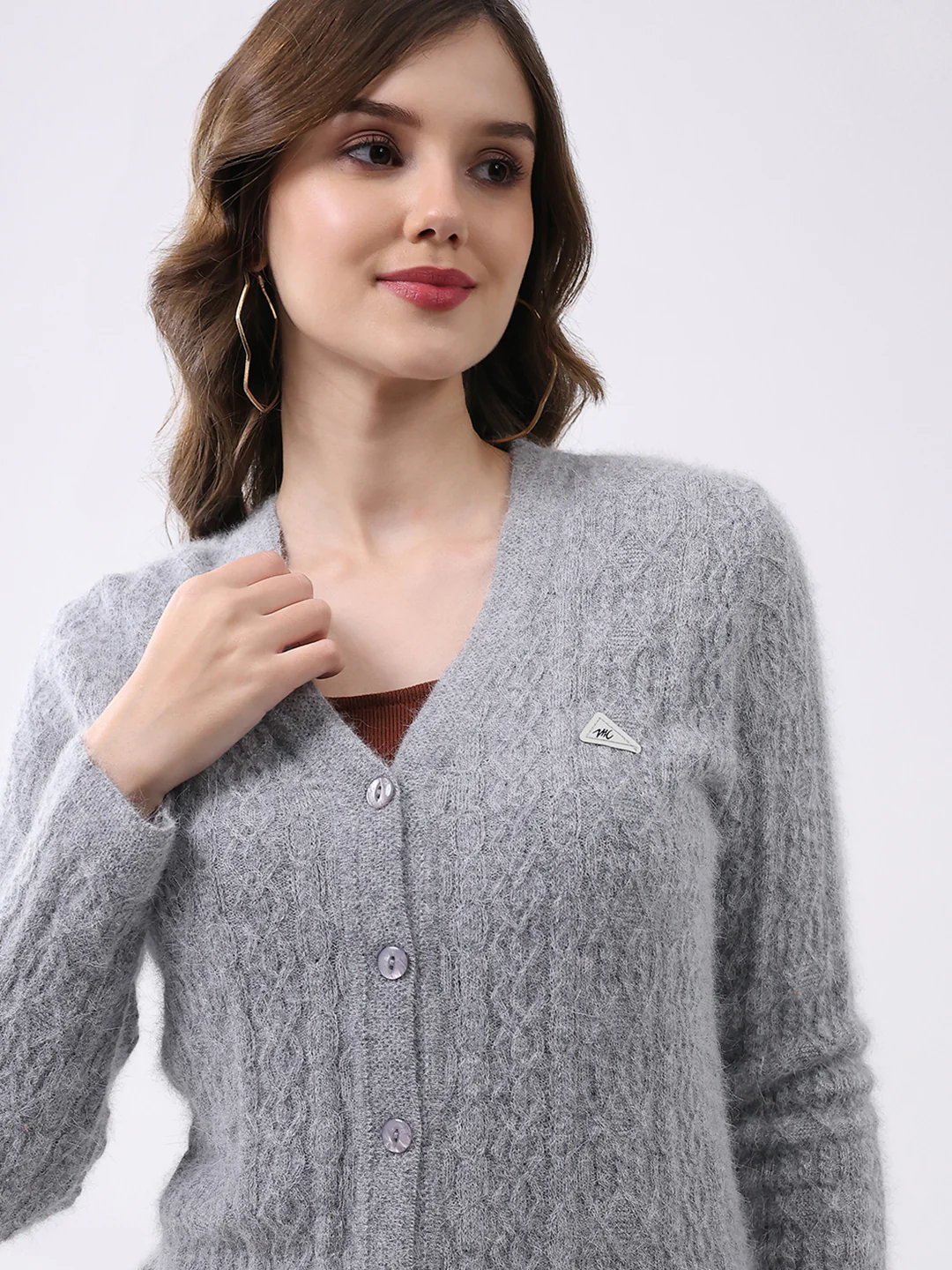 Women Light Grey Self Design V Neck Full Sleeve Cardigan - Image 7