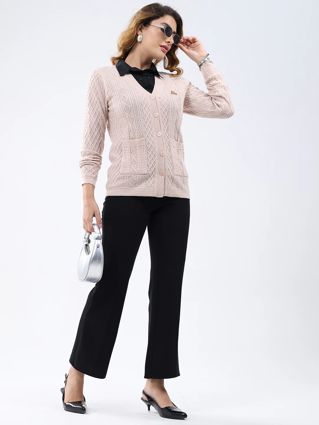 Women Light Pink Self Design V Neck Full Sleeve Cardigan - Image 2