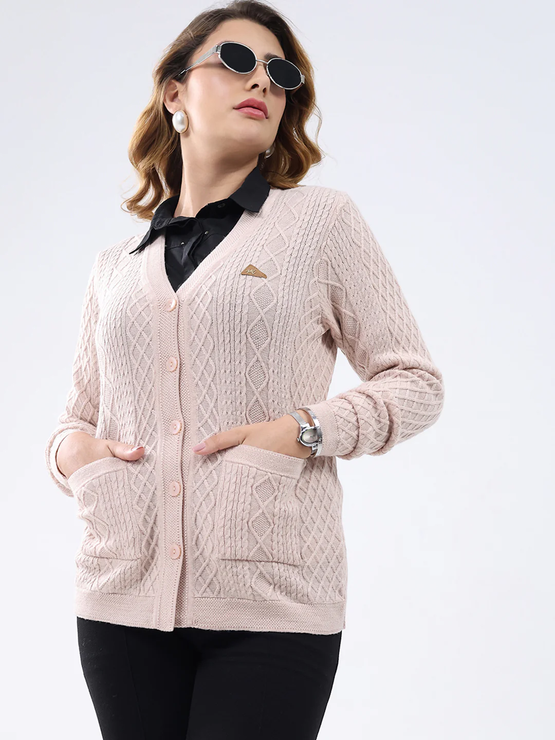 Women Light Pink Self Design V Neck Full Sleeve Cardigan - Image 6