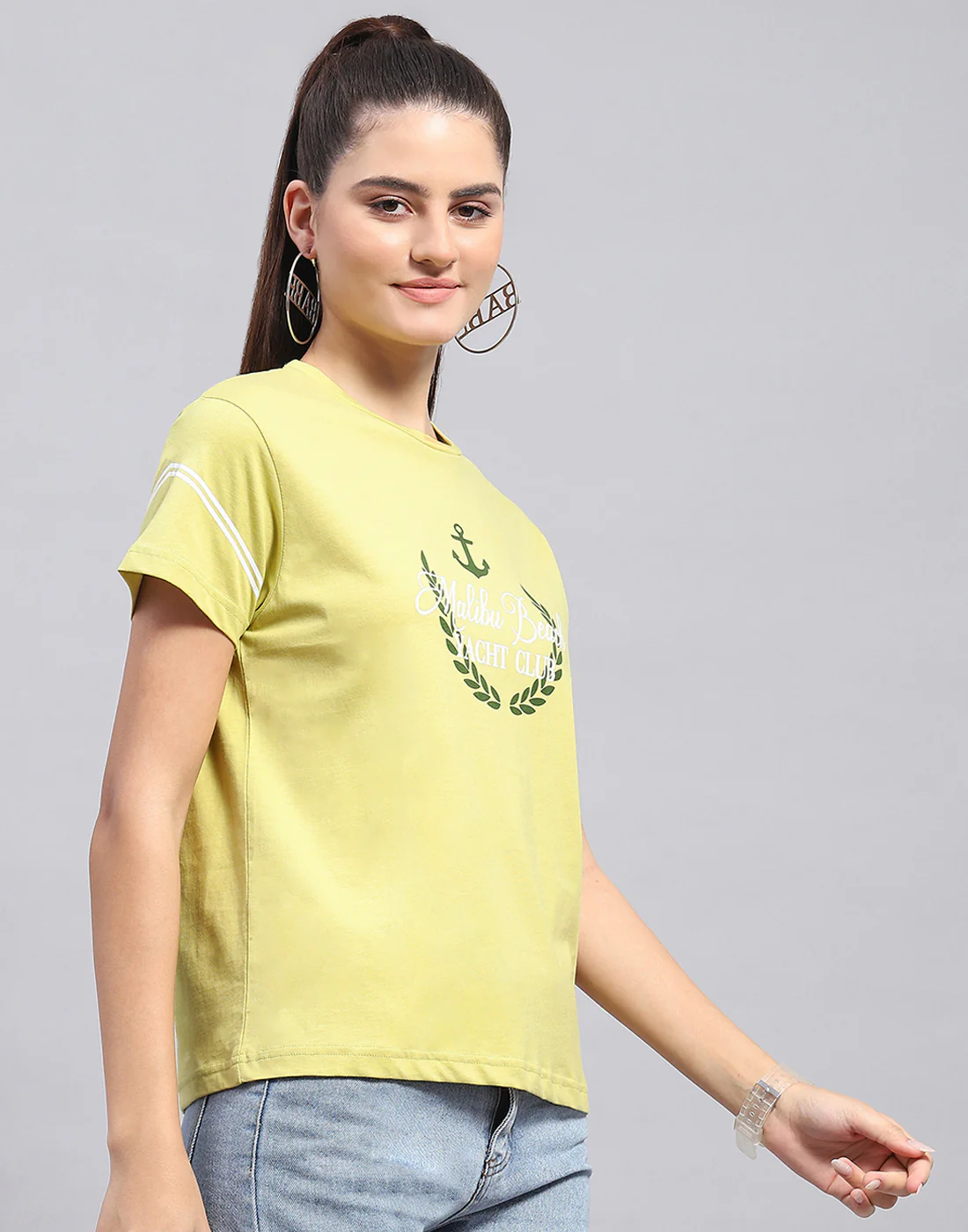 Women Lime Green Printed Round Neck Half Sleeve Top - Image 4