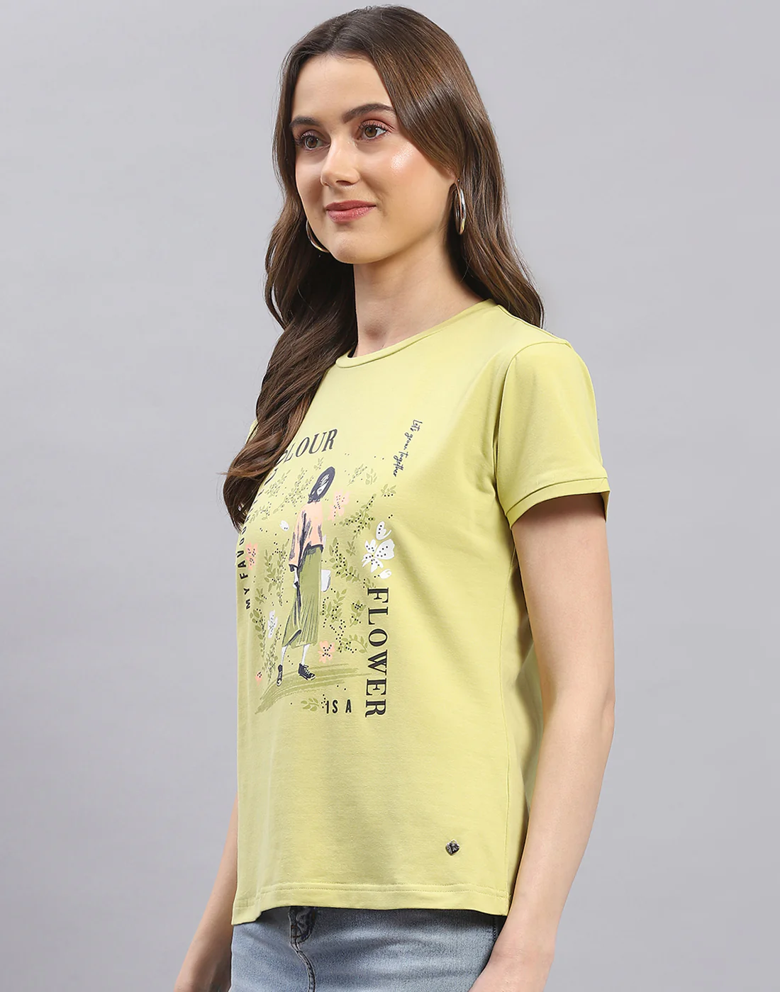 Women Lime Green Printed Round Neck Half Sleeve Top - Image 3