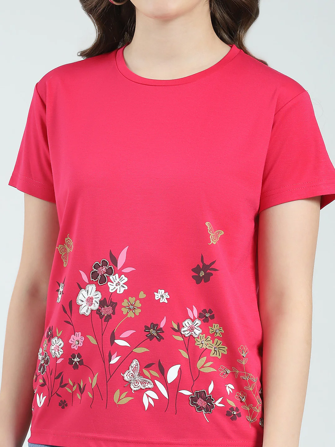 Women Magenta Embroidered Round Neck Half Sleeve Top - Image 6