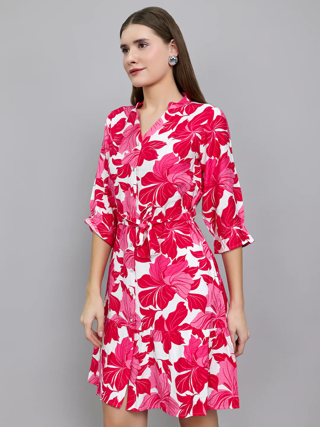 Women Magenta Floral Print Front Open 3/4th Sleeve Tunic - Image 2