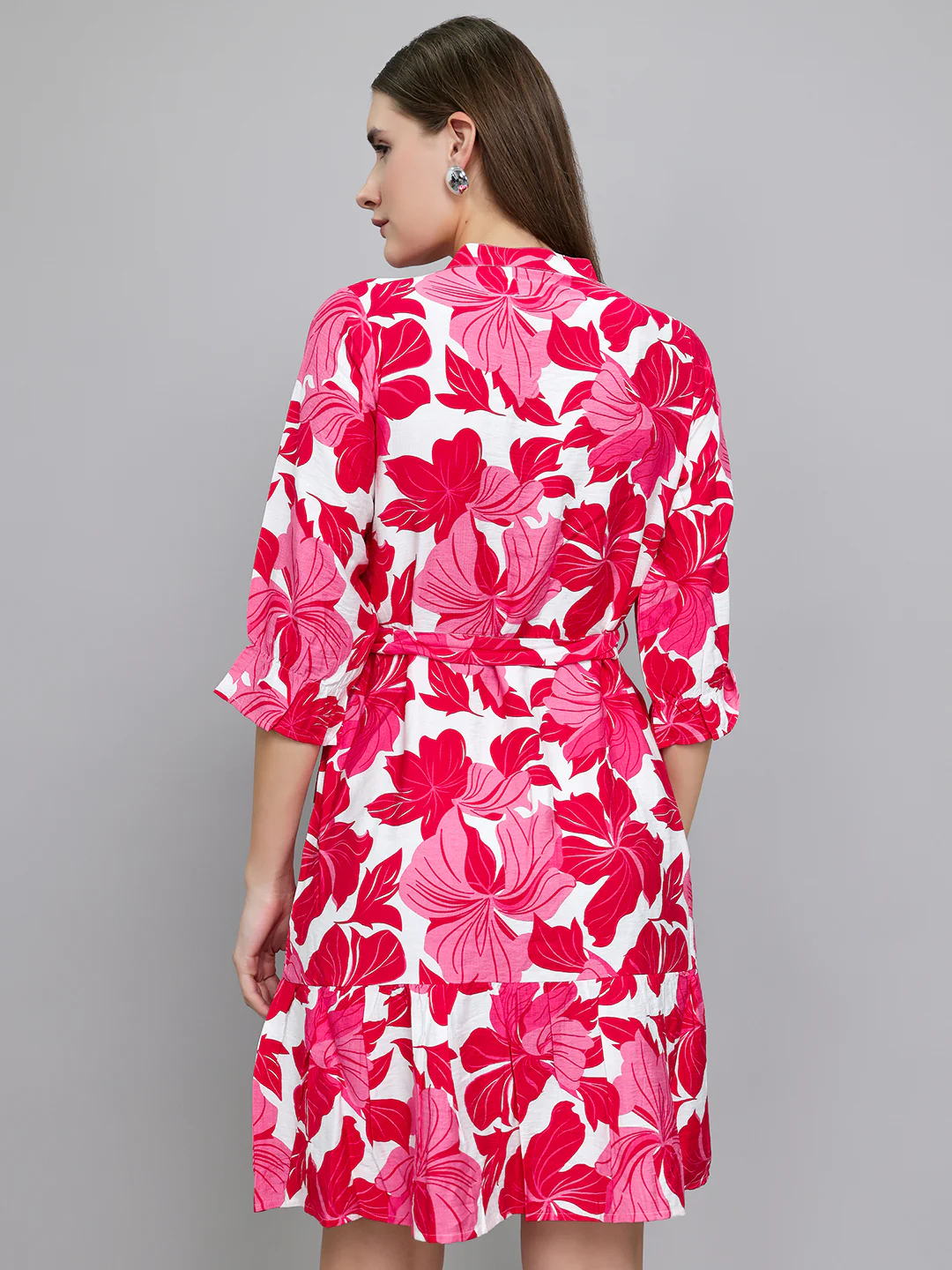 Women Magenta Floral Print Front Open 3/4th Sleeve Tunic - Image 4