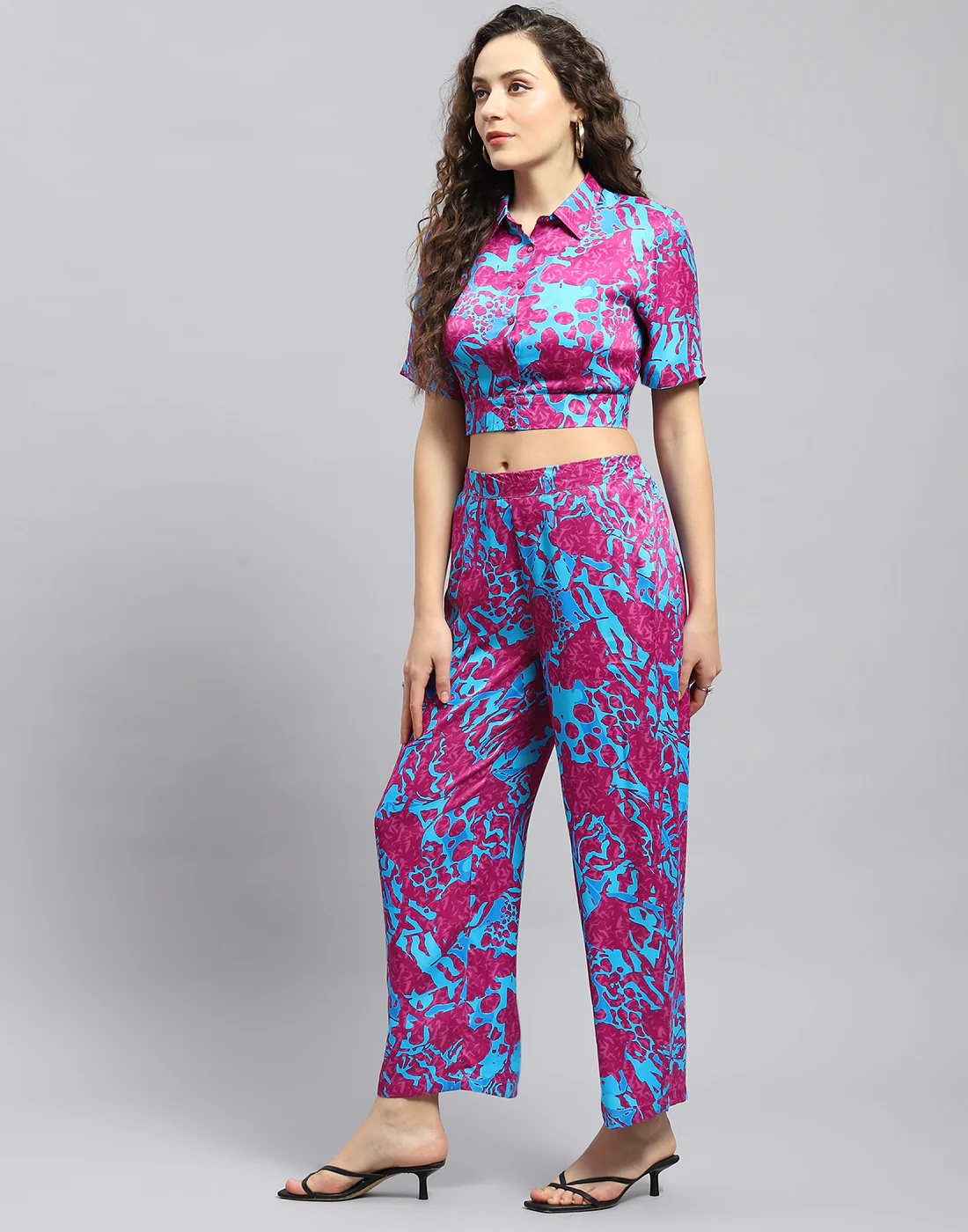 Women Magenta Printed Collar Half Sleeve Cords Set - Image 4