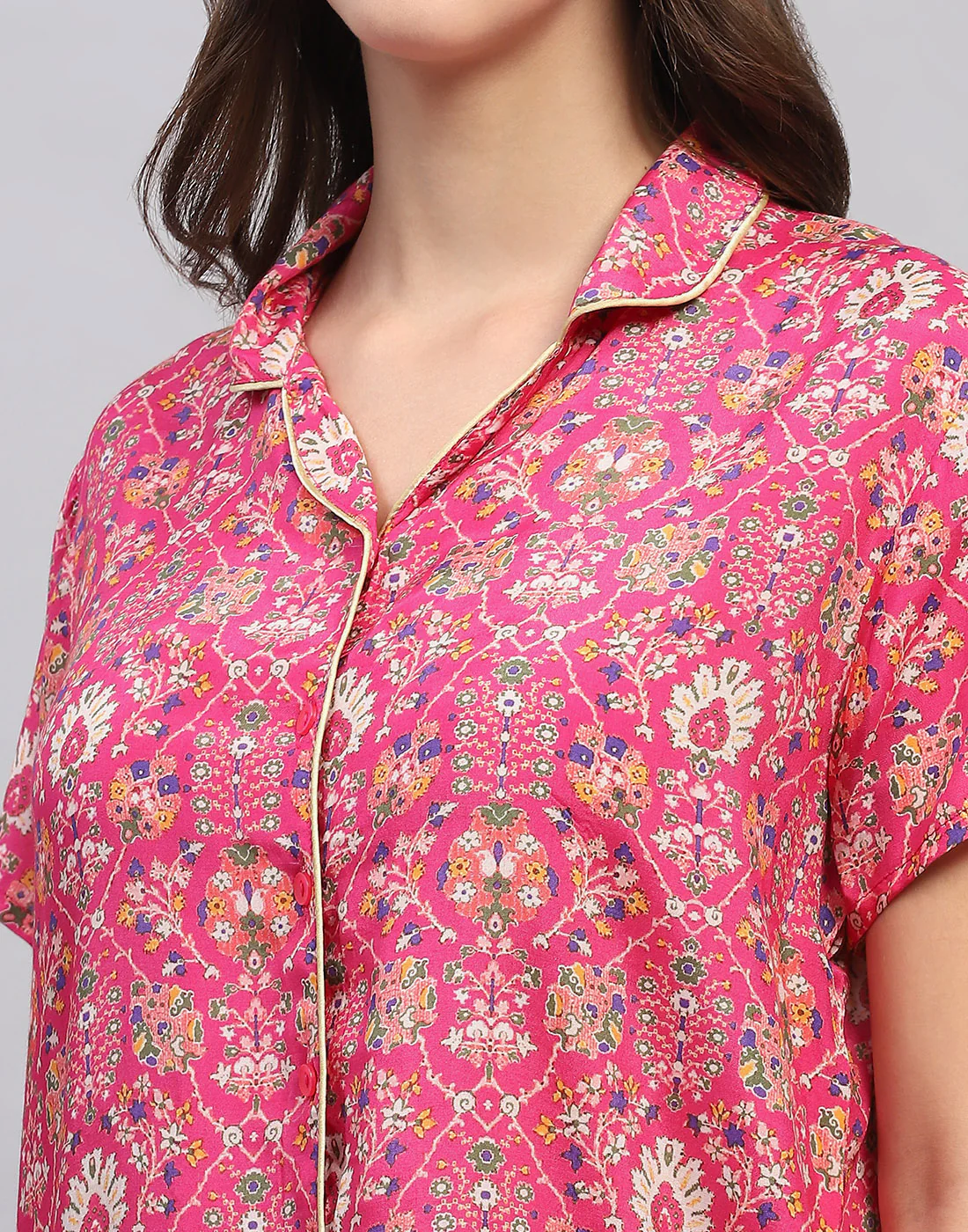 Women Magenta Printed Front Open Half Sleeve Lower Set - Image 9