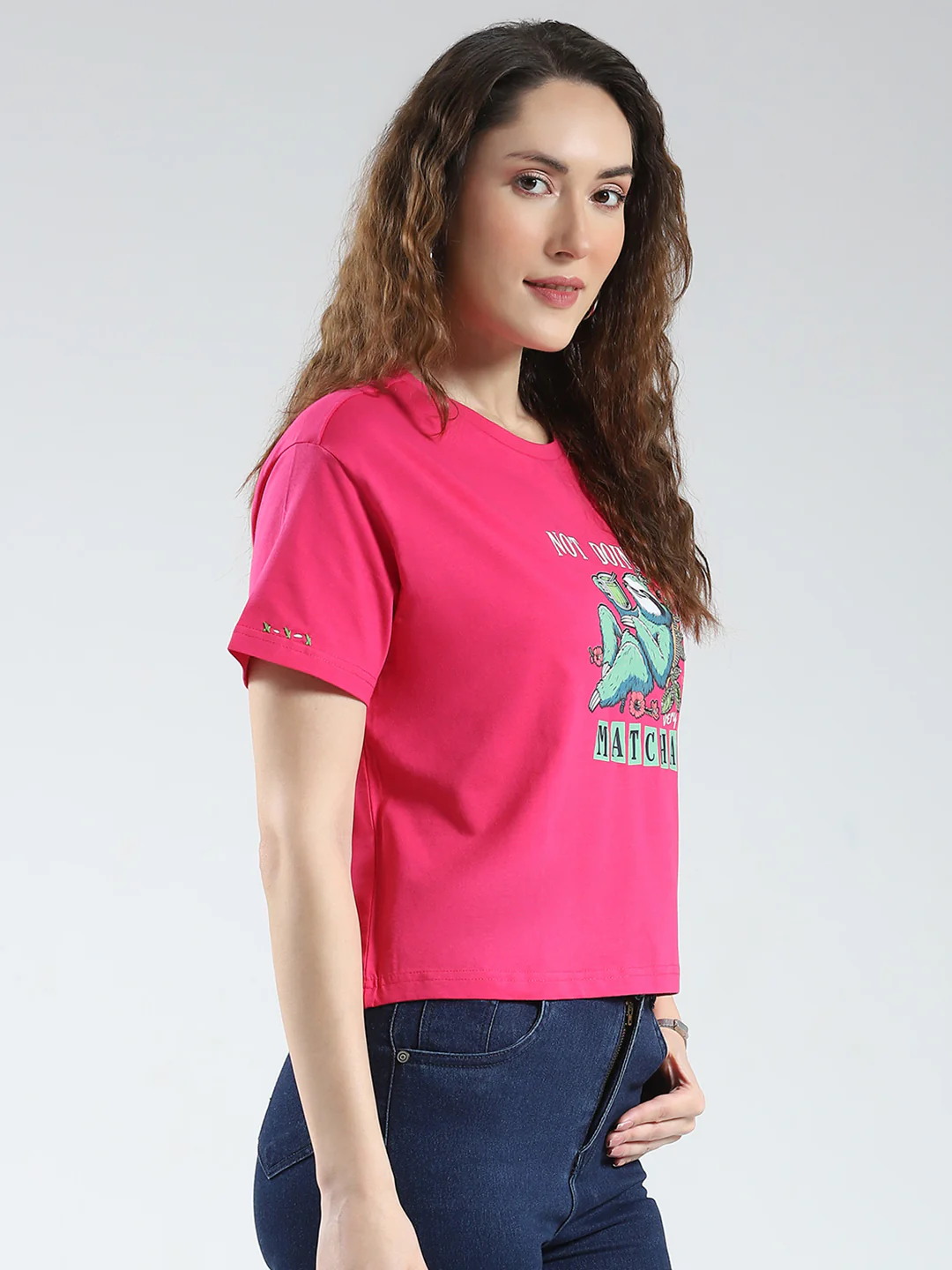 Women Magenta Printed Round Neck Half Sleeve Top - Image 4