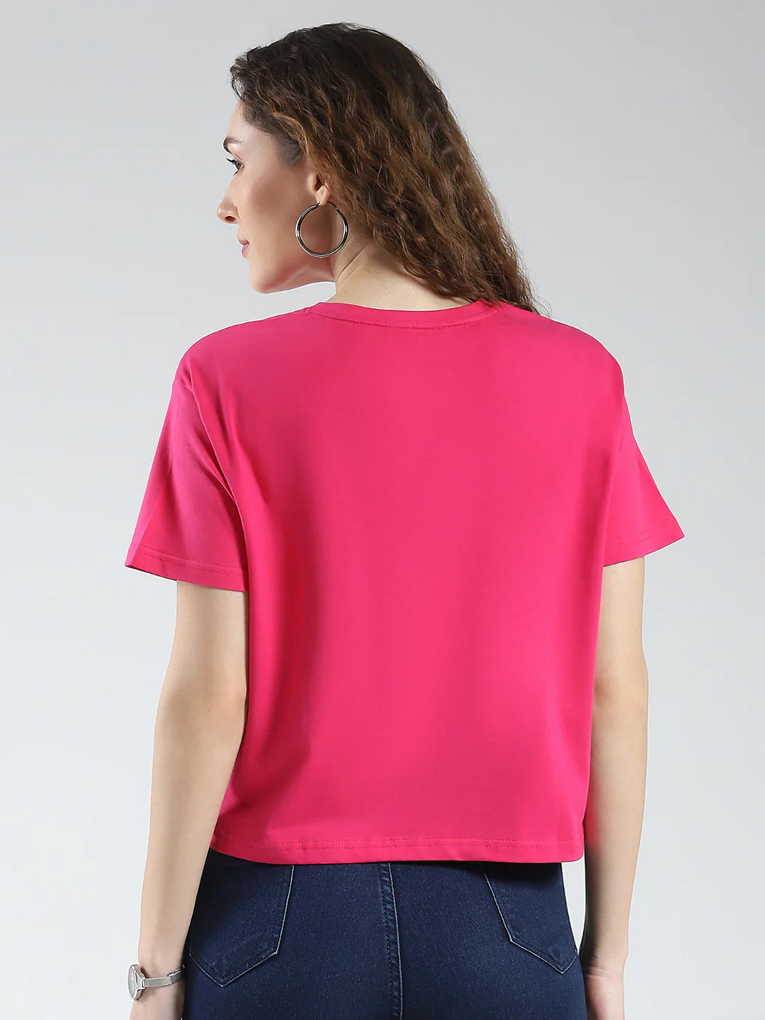 Women Magenta Printed Round Neck Half Sleeve Top - Image 5