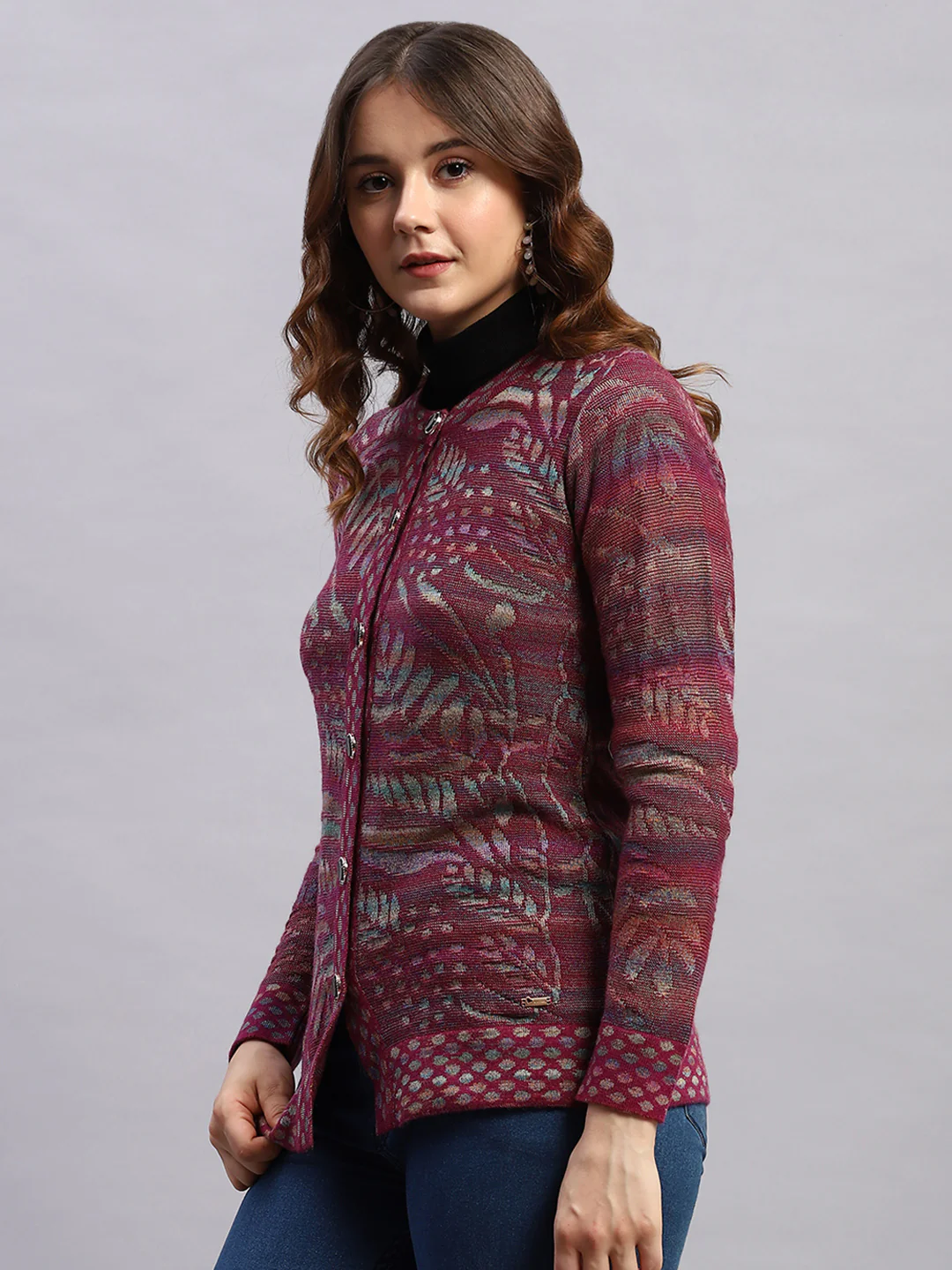Women Magenta Self Design Round Neck Sleeveless Cardigan - Image 2