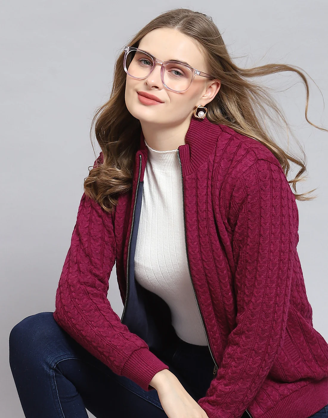 Women Magenta Self Design Stand Collar Full Sleeve Jacket - Image 2