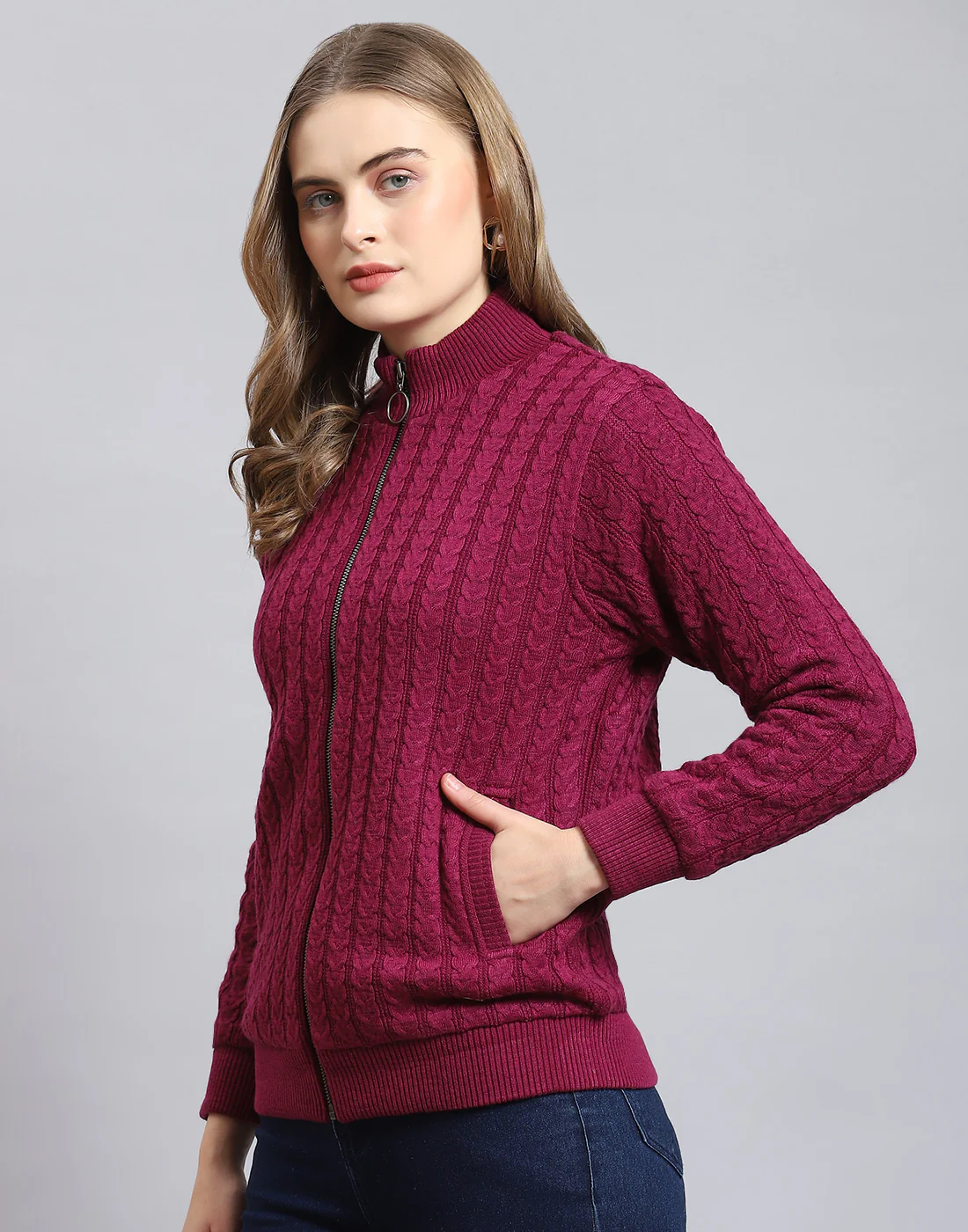 Women Magenta Self Design Stand Collar Full Sleeve Jacket - Image 4