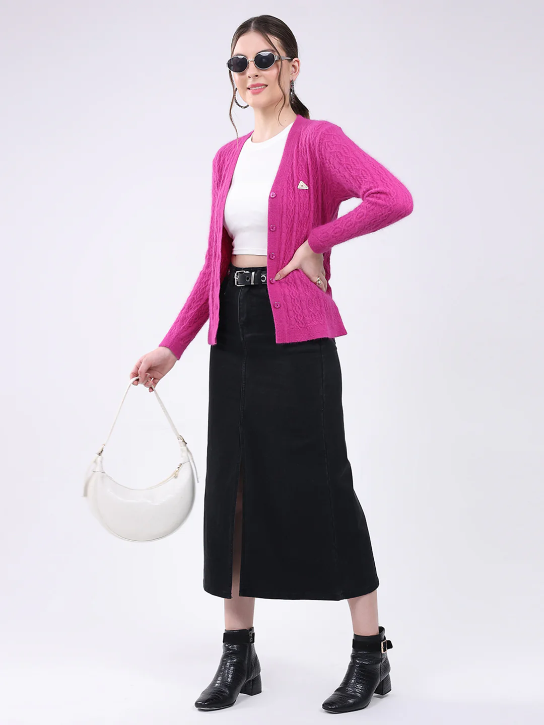 Women Magenta Self Design V Neck Full Sleeve Cardigan - Image 2