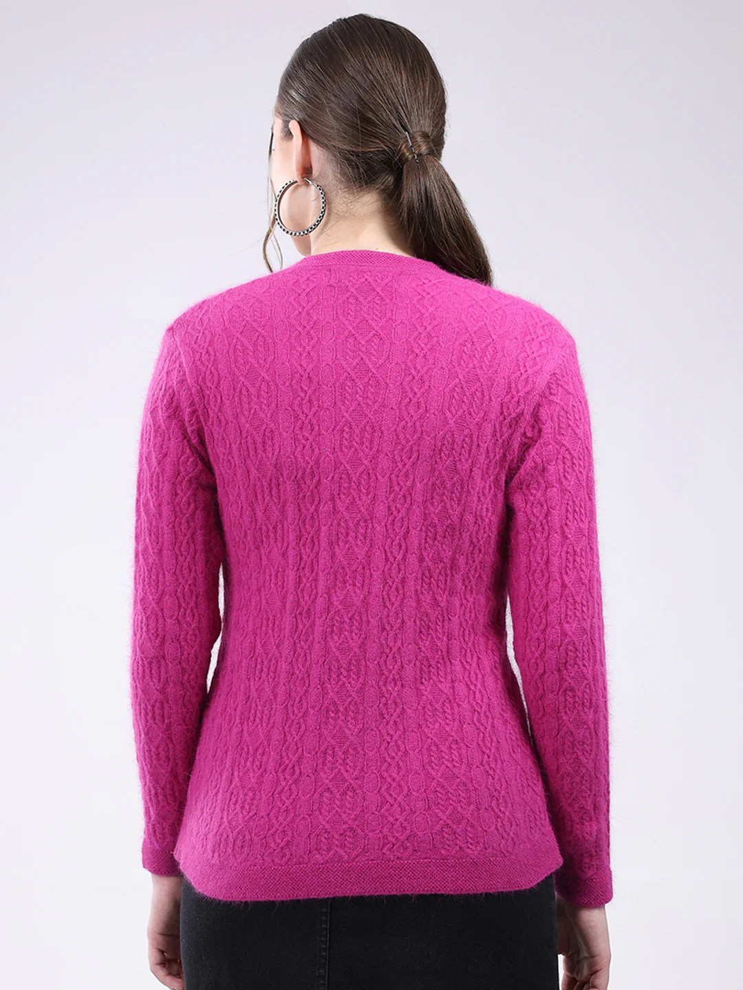 Women Magenta Self Design V Neck Full Sleeve Cardigan - Image 5