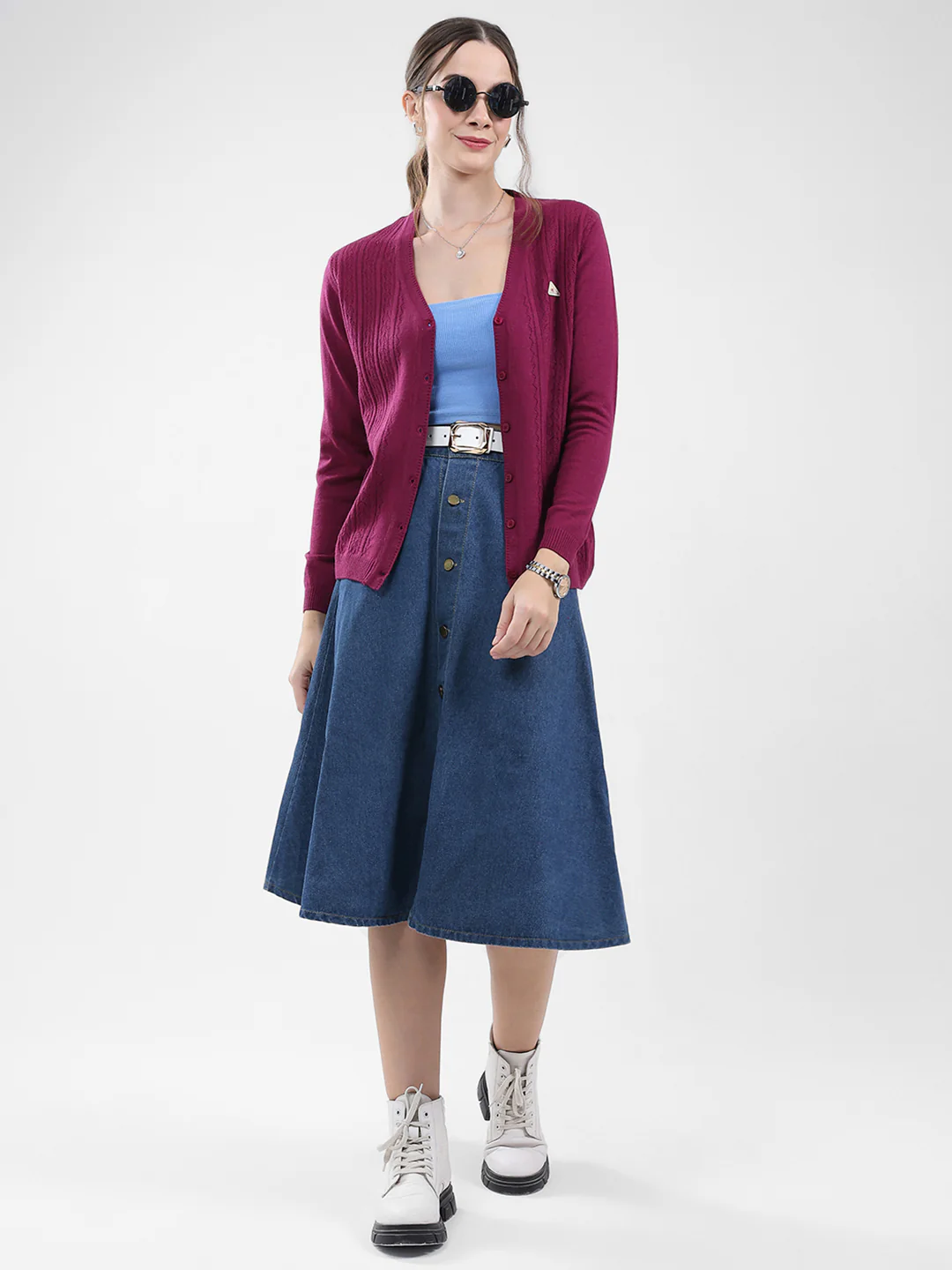 Women Magenta Self Design V Neck Full Sleeve Cardigan - Image 2