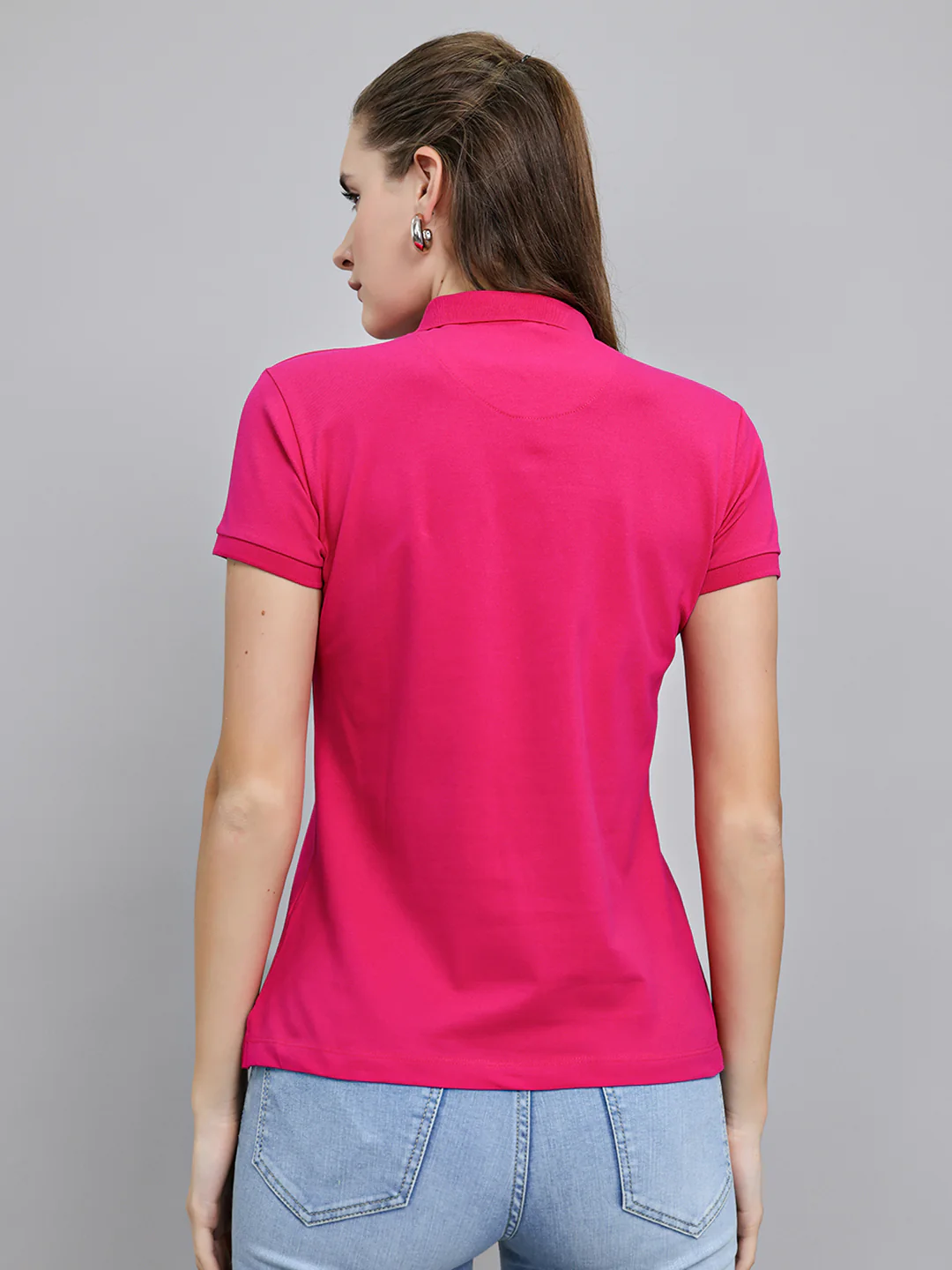 Women Magenta Solid Collar Half Sleeve T-Shirt - Image 4