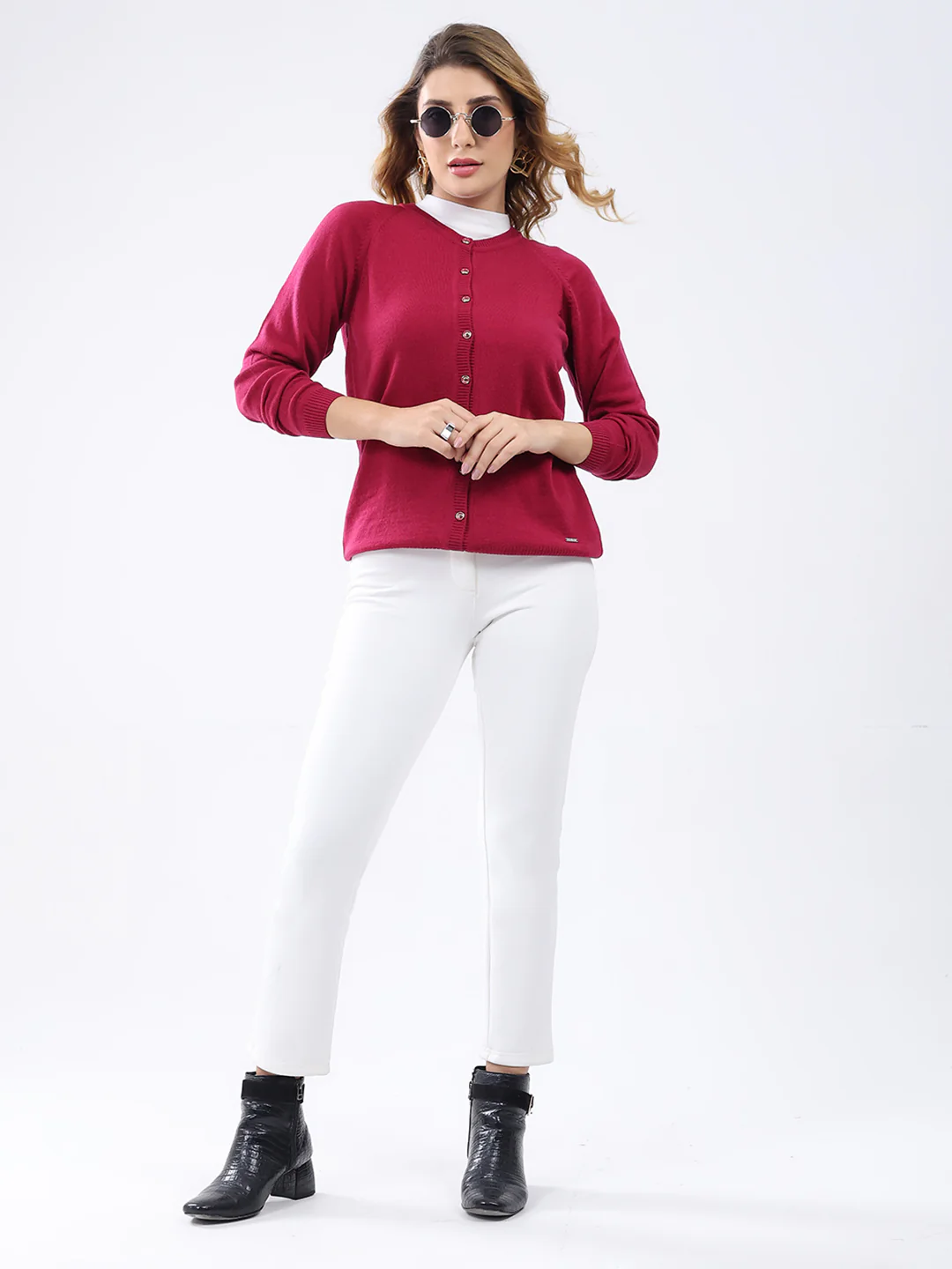 Women Magenta Solid Round Neck Full Sleeve Cardigan - Image 2