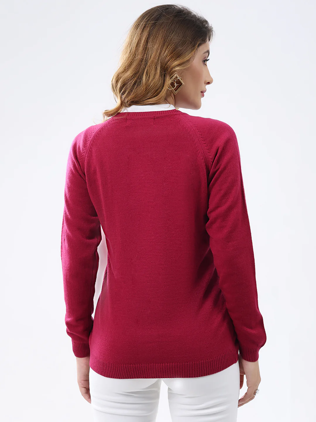 Women Magenta Solid Round Neck Full Sleeve Cardigan - Image 5