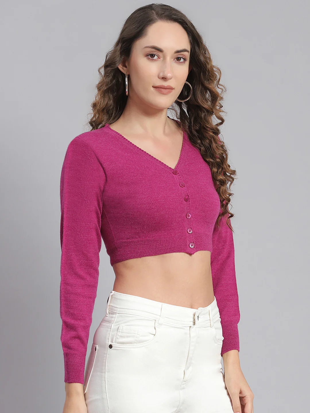 Women Magenta Solid V Neck Full Sleeve Sweater - Image 6