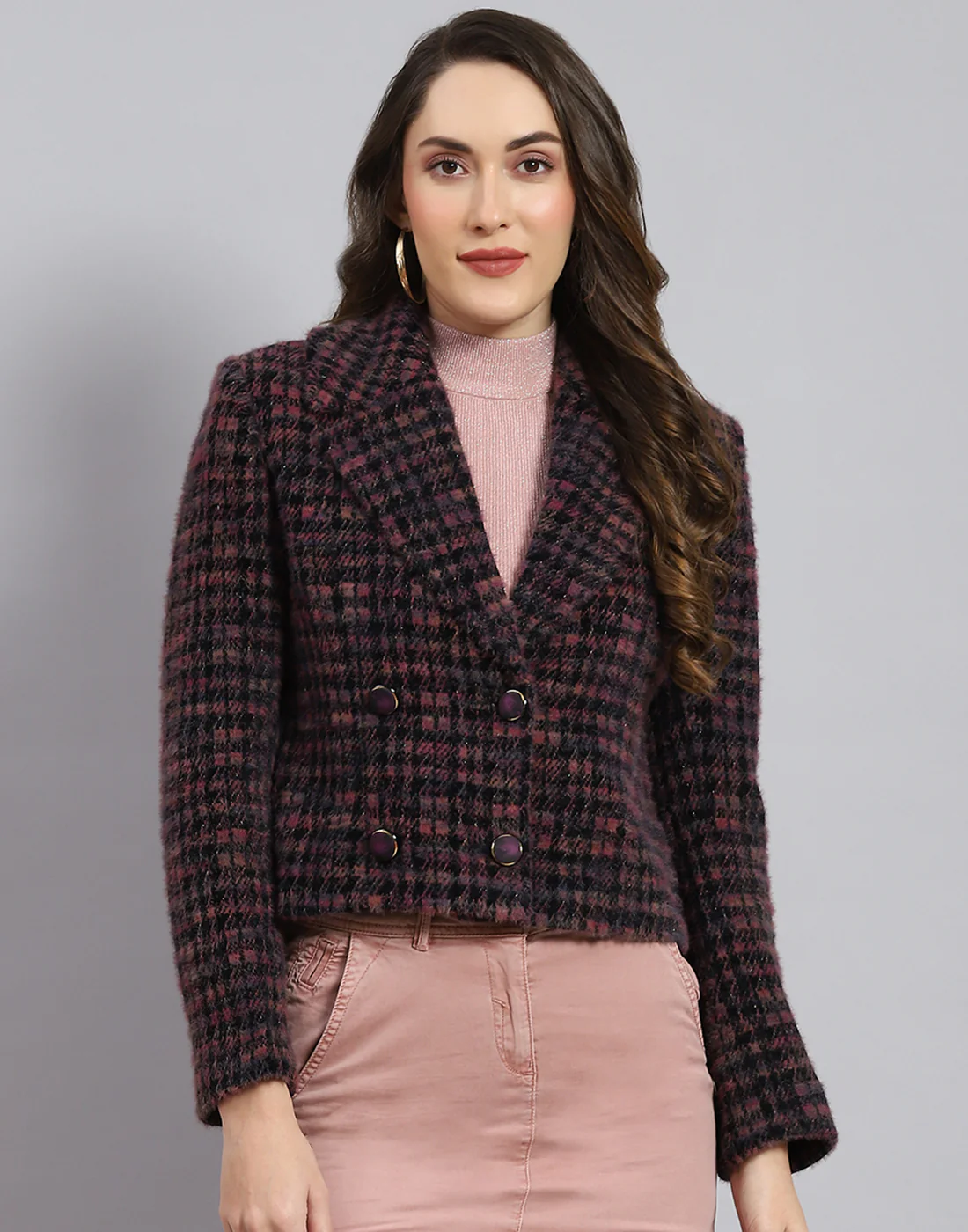 Women Maroon Check Lapel Collar Full Sleeve Coat - Image 2