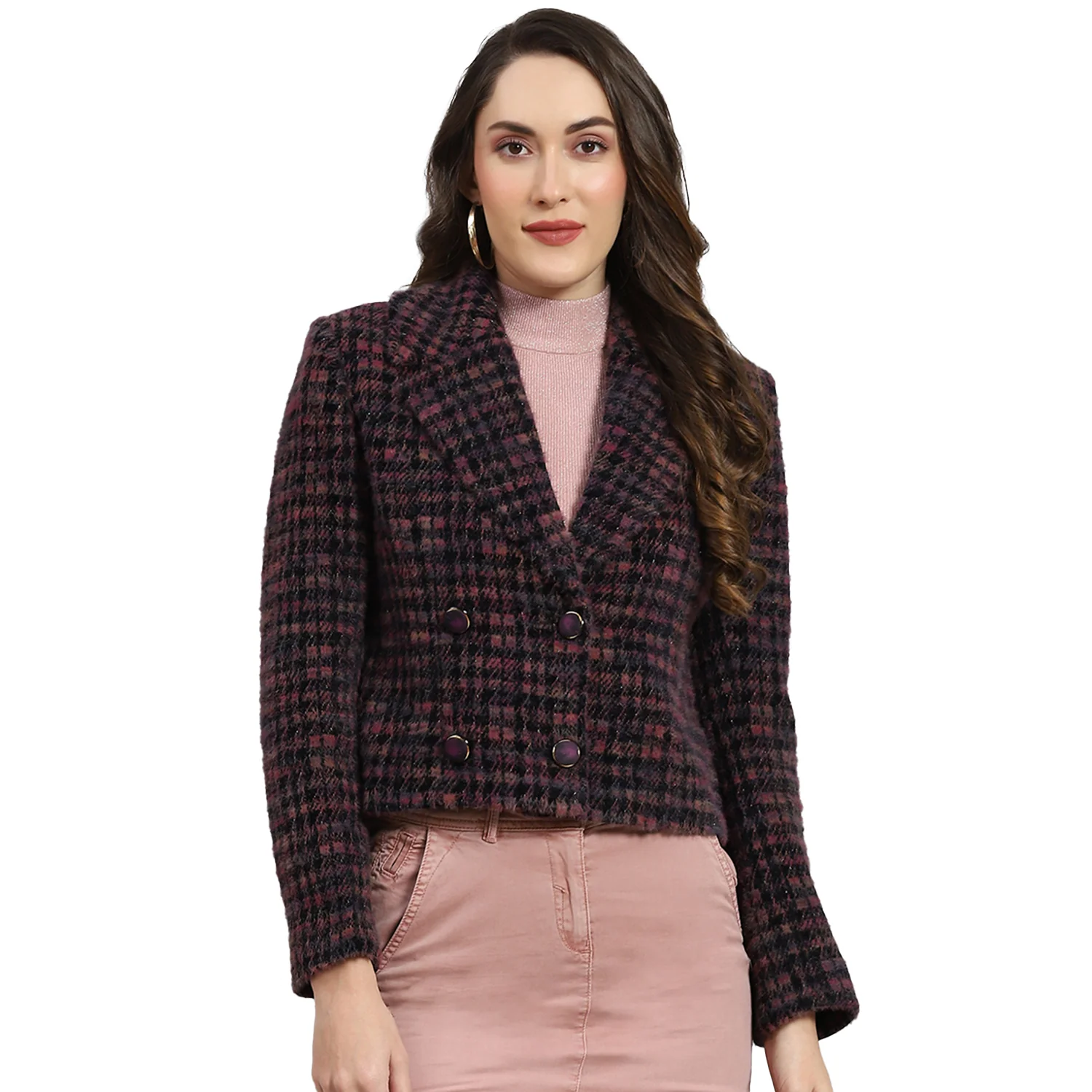 Women Maroon Check Lapel Collar Full Sleeve Coat - Image 5