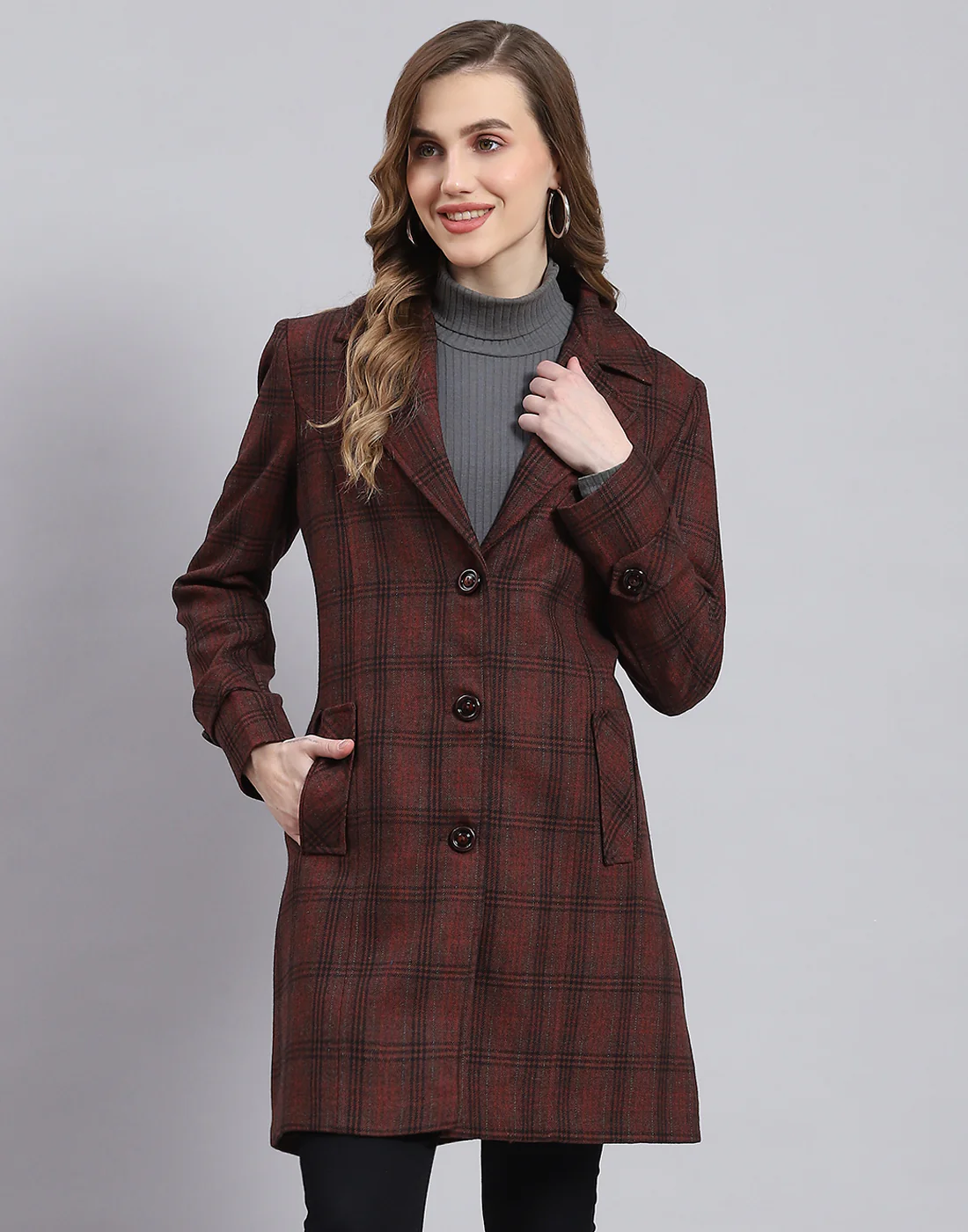 Women Maroon Check Lapel Collar Full Sleeve Coat - Image 2