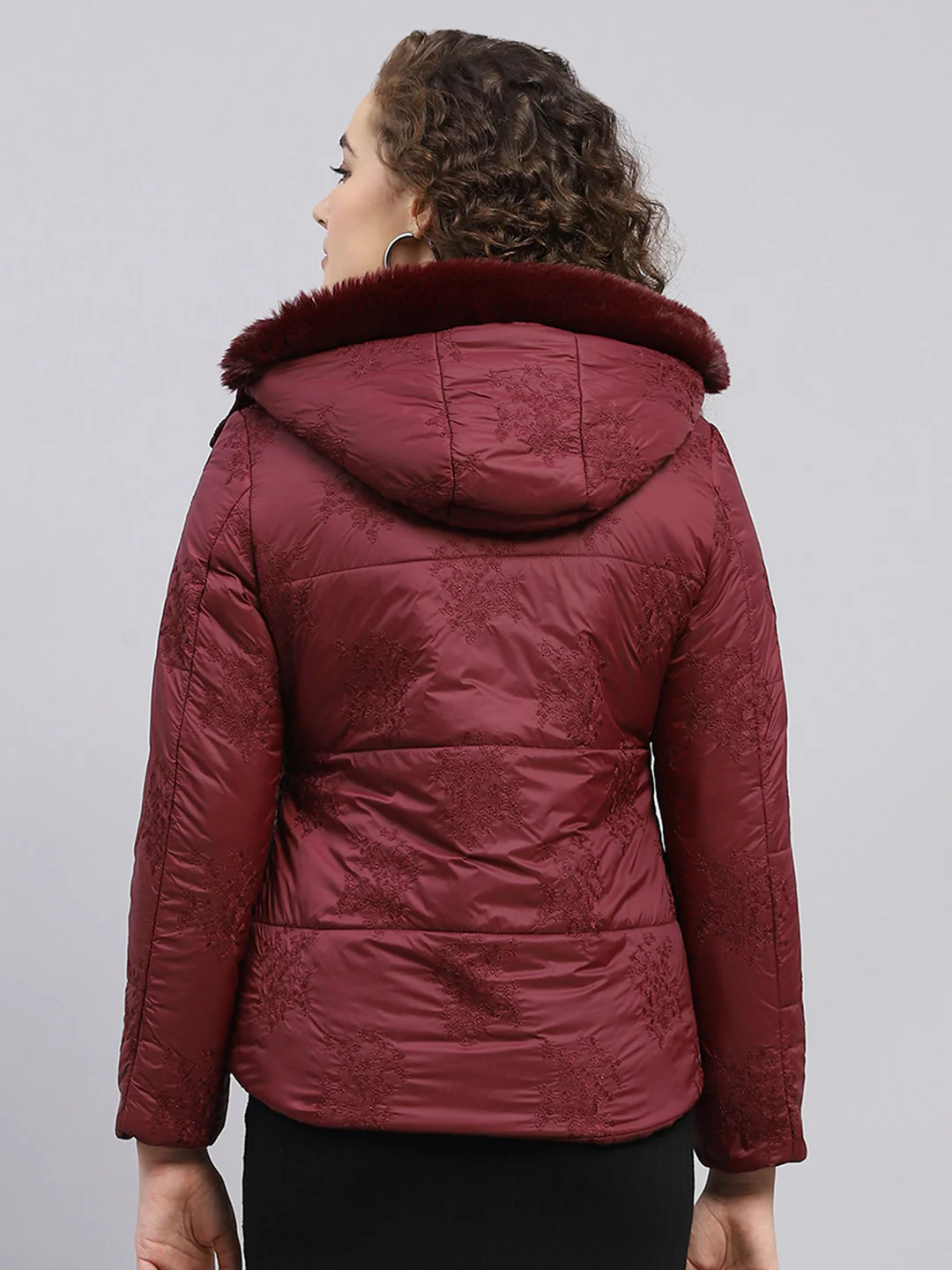 Women Maroon Embroidered Detachable Hood Full Sleeve Jacket - Image 5