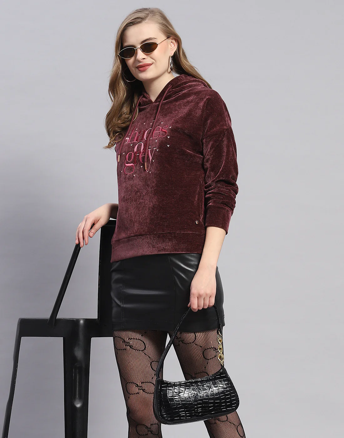 Women Maroon Embroidered Hooded Full Sleeve Sweatshirt - Image 6
