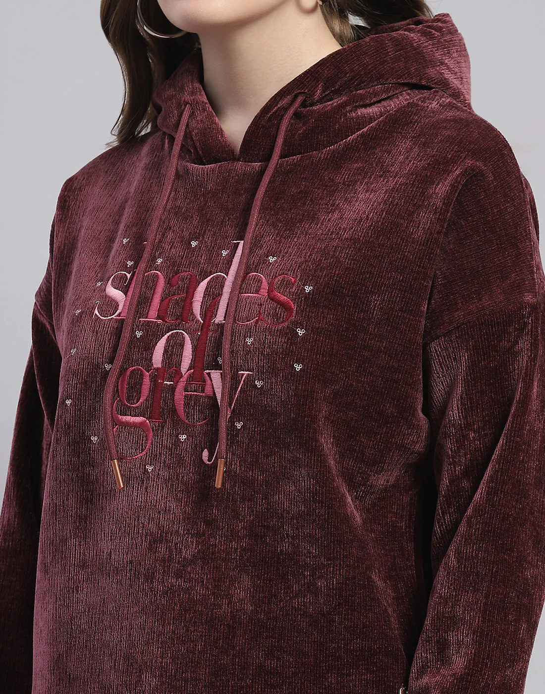 Women Maroon Embroidered Hooded Full Sleeve Sweatshirt - Image 7