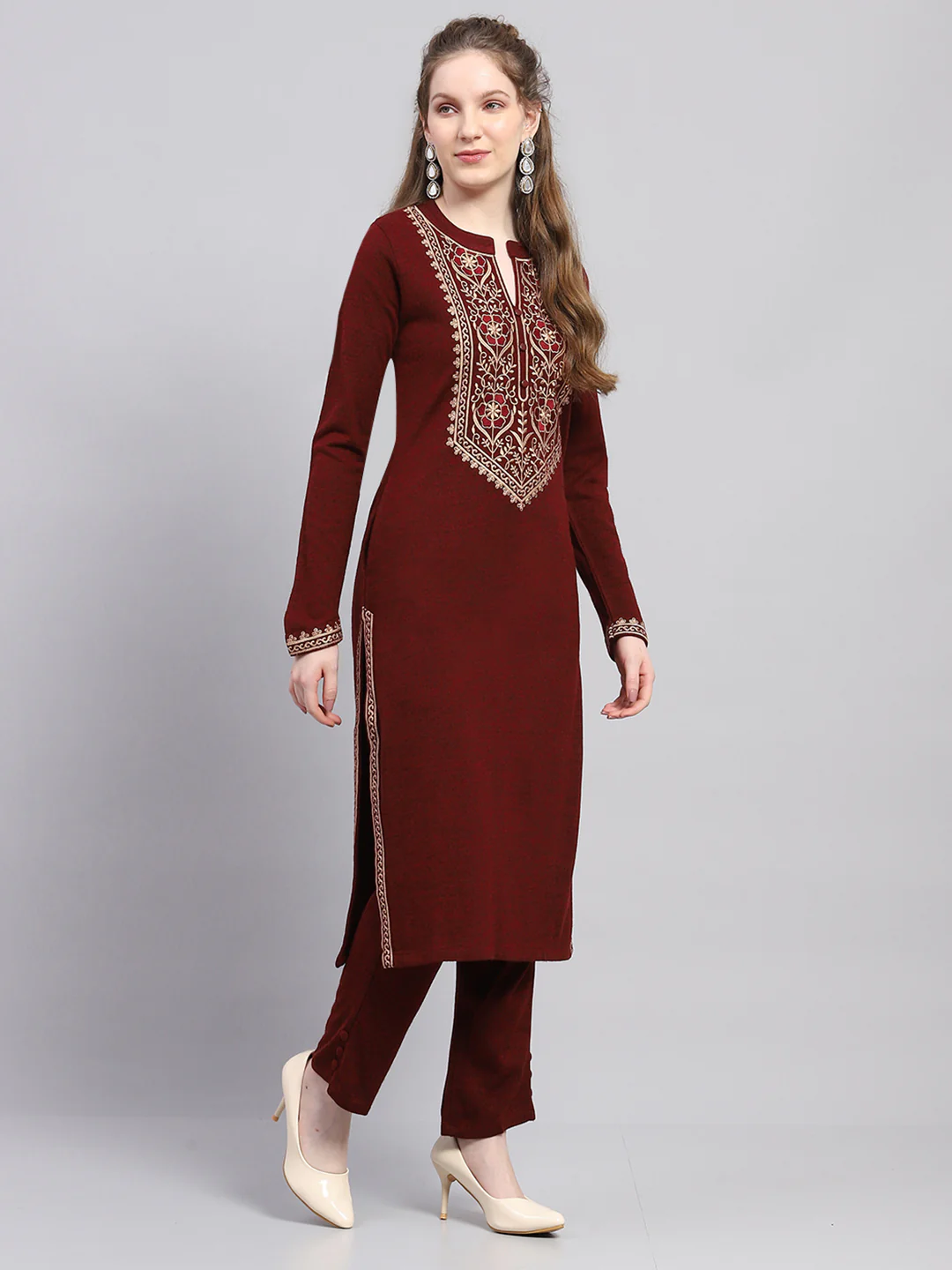 Women Maroon Embroidered Round Neck Full Sleeve Kurti Set for Winter - Image 5