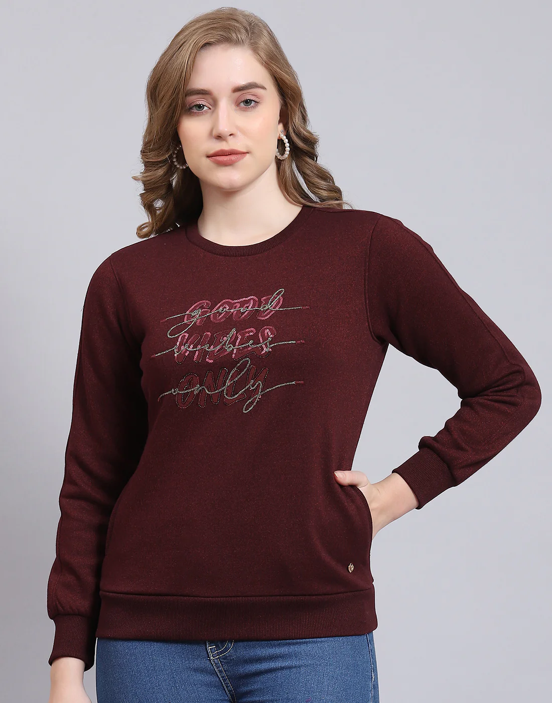 Women Maroon Embroidered Round Neck Full Sleeve Sweatshirt - Image 3